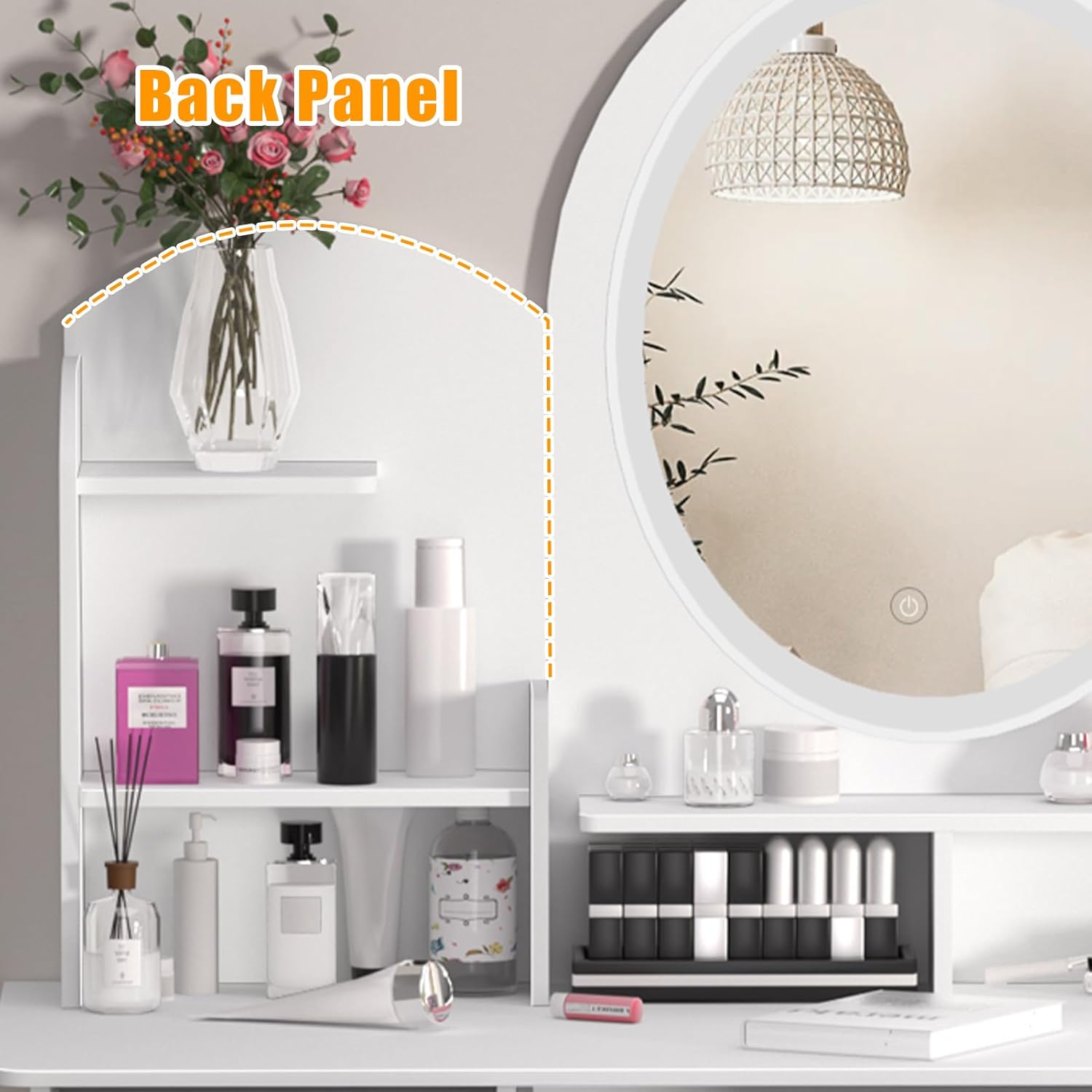 Small Makeup Vanity Desk with Mirror, Kids Vanity Table with 6 Opening Shelves, 4 Drawers, Makeup Vanity Table with Light, Bedroom Dressing Table Cheap Vanity (White Round)