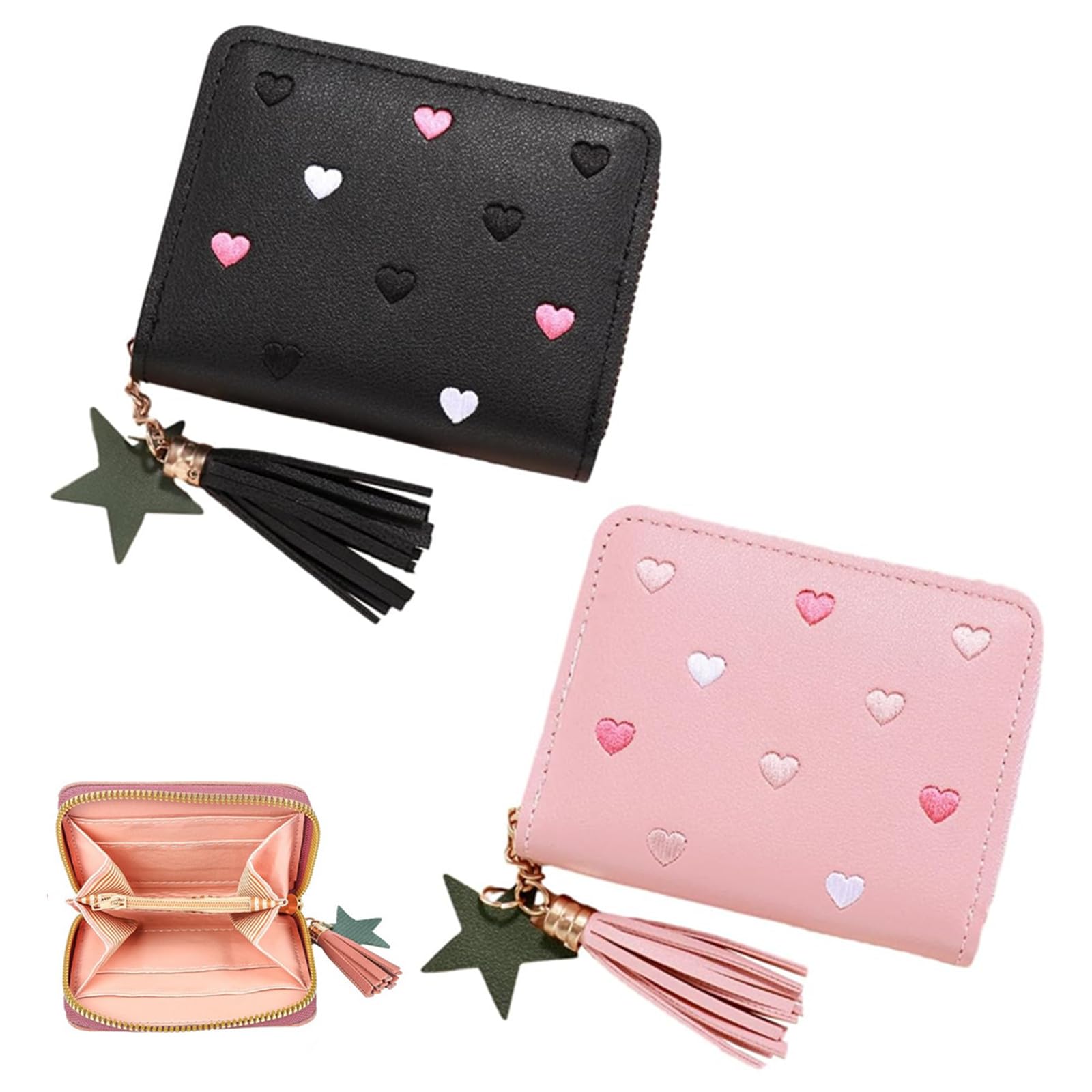 Portefeuille Mini Femme En PU - Noir Et Rose, 10x9x2 Cm, Fermeture éclair, Compartiments Cartes Et Monnaie