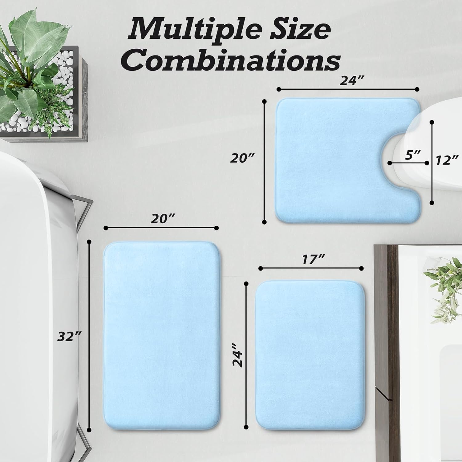 HUXMEYSON Bathroom Rugs Sets 3 Piece, Non-Slip & Quick Dry Bath Mat Set, Ultra Soft Velvet Bath Rugs for Bathroom, Toilet and Shower Floor, Light Blue