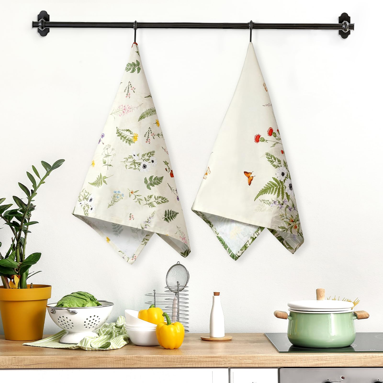 Arquiel 2Pcs Boho Grass Kitchen Tea Towels 100% Cotton Leaves Floral Hand Towels Multiple Uses Quick Dry Dish Cloth for Table Kitchen Decor - Image 3