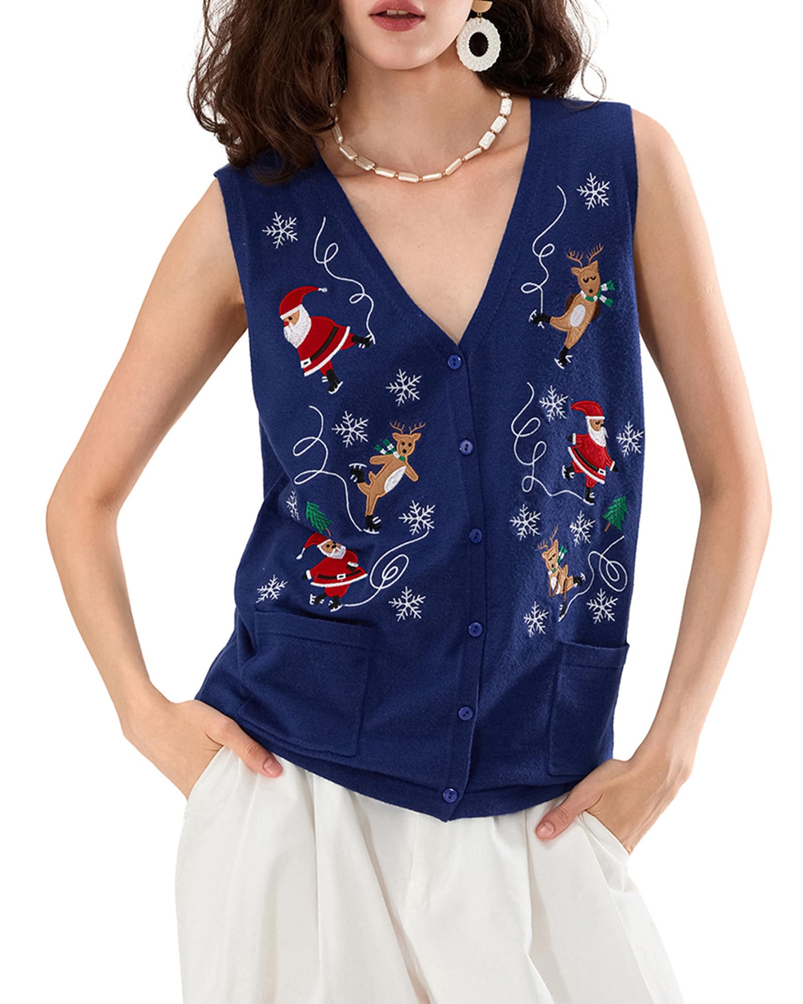 Women Christmas Vest Ugly Christmas Sweater Vest Embroidery Santa Print Sleeveless Knit Tops Waistcoat Gilets