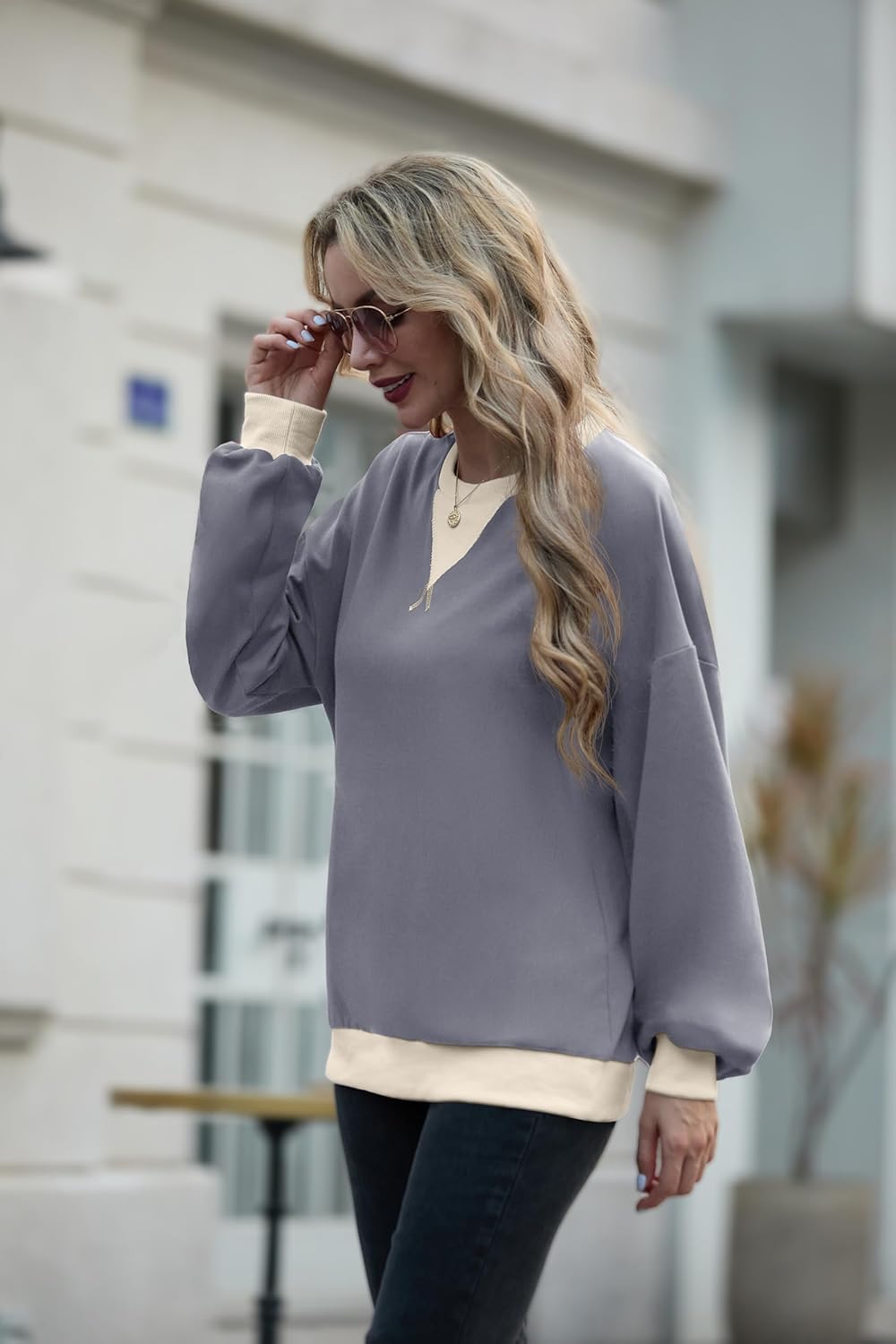 Women Sweatshirt Striped Crew Neck Oversized Long Sleeve Sweatshirt Color Block Loose Pullover - Image 4