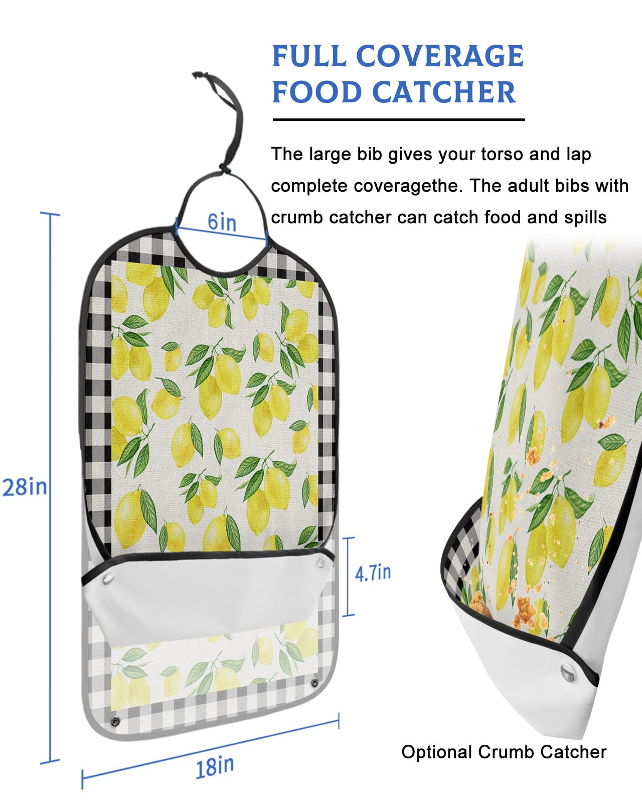Kewadony Adult Bibs for Elderly Women - Summer Lemon Waterproof Dining Clothing Protectors with Crumb Catcher for Eating/Feeding, Farm Yellwo Fruit Country Black White Plaid Terry Cloth Bib Washable