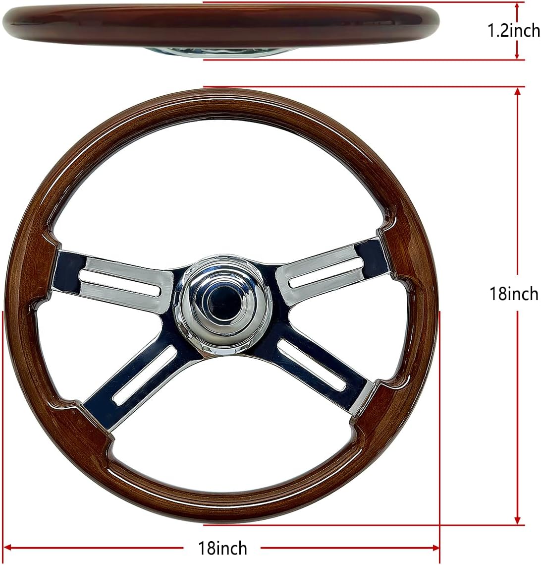 18 in Solid Wood Truck Steering Wheel 4 Spoke Aluminum Chrome Plated Steering Wheel 3 bolts for Semi Trailers,Trucks for Kenworth,Peterbilt,Volvo, Freightliner