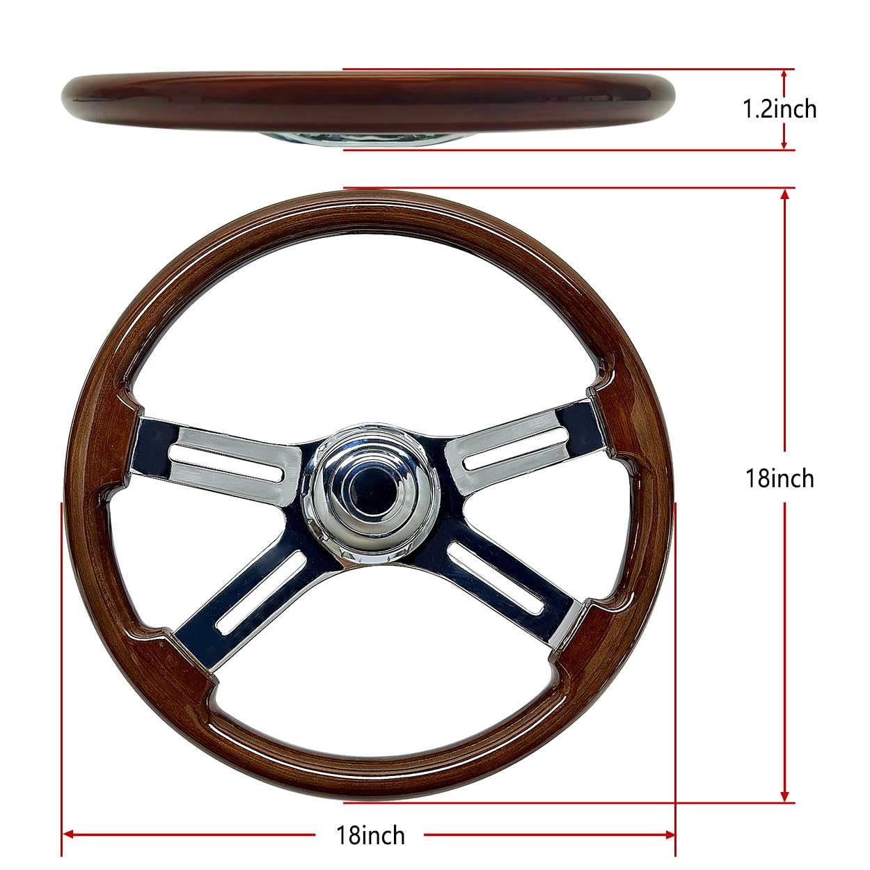 18 in Solid Wood Truck Steering Wheel 4 Spoke Aluminum Chrome Plated Steering Wheel 3 bolts for Semi Trailers,Trucks for Kenworth,Peterbilt,Volvo, Freightliner