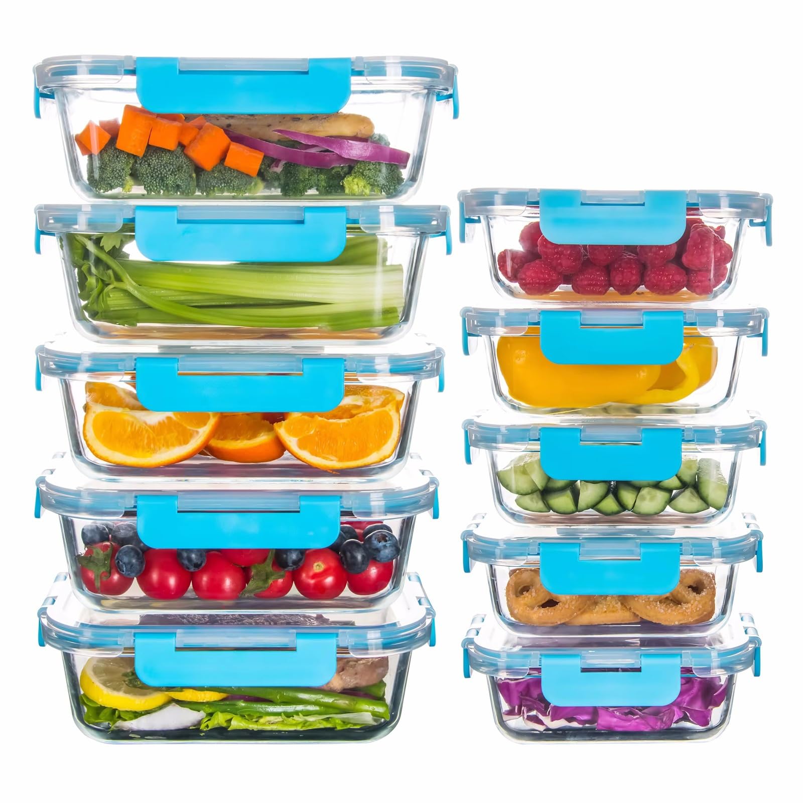 Glasbehälter für Mahlzeiten, 10 Stück, Frischhaltedosen aus Glas mit Deckel, luftdicht und auslaufsicher, gefrierschrank- bis mikrowellengeeignet, Blau