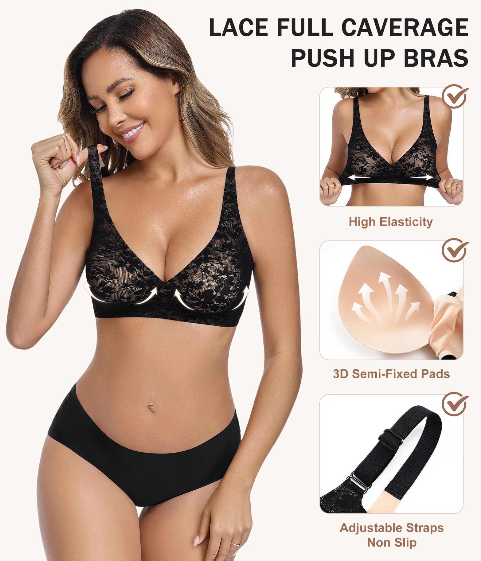 Push Up Soutien Gorge sans Armature Deep V Floral Dentelle Confortable Rembourré Soutien-Gorge Sexy Bralette pour T-Shirt Travail Rendez-Vous Galant
