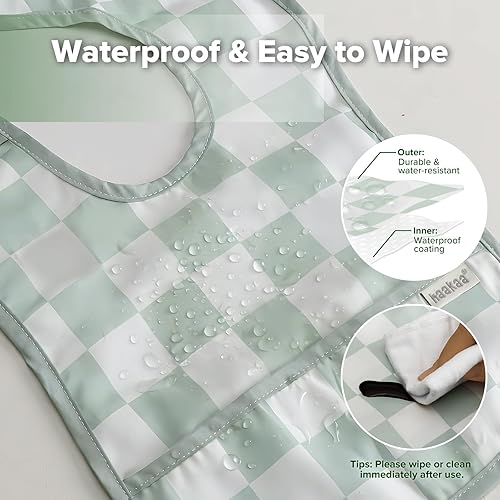Miniatura 3 de haakaa Waterproof Baby Bibs for Eating, Soft & Lightweight Toddler Bibs with Food Pocket, Easy Wipe Clean, Ages 6–24M, 2 Pack Dino Land + Días a