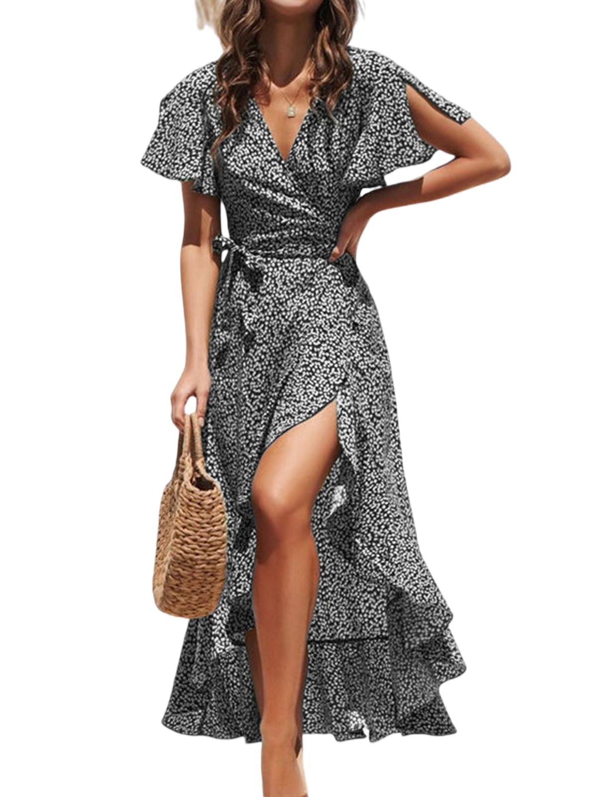 CUPSHE Women Summer Maxi Dress Casual Split Sleeve V Neck Ruffle Beach Dress Black L, black