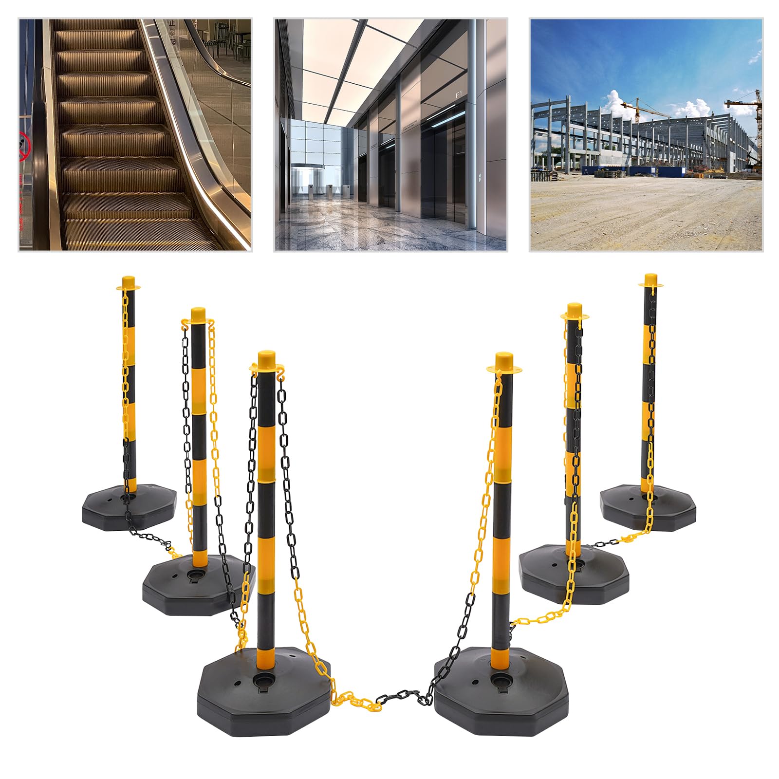 6 postes de barrera, amarillos y negros, con 5 cadenas, altura ajustable, barreras de seguridad, para hoteles, aparcamientos, recepciones, etc