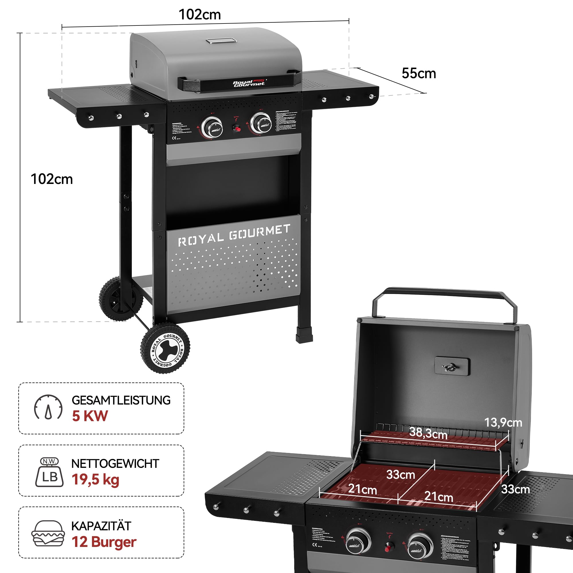 Royal Gourmet 2-Brenner Gasgrill 5 kW Grillwagen mit klappbaren Seitenablagen, Ablagekorb, Outdoor Gasgrill für Balkon, Terrasse, Garten und Camping, Grau