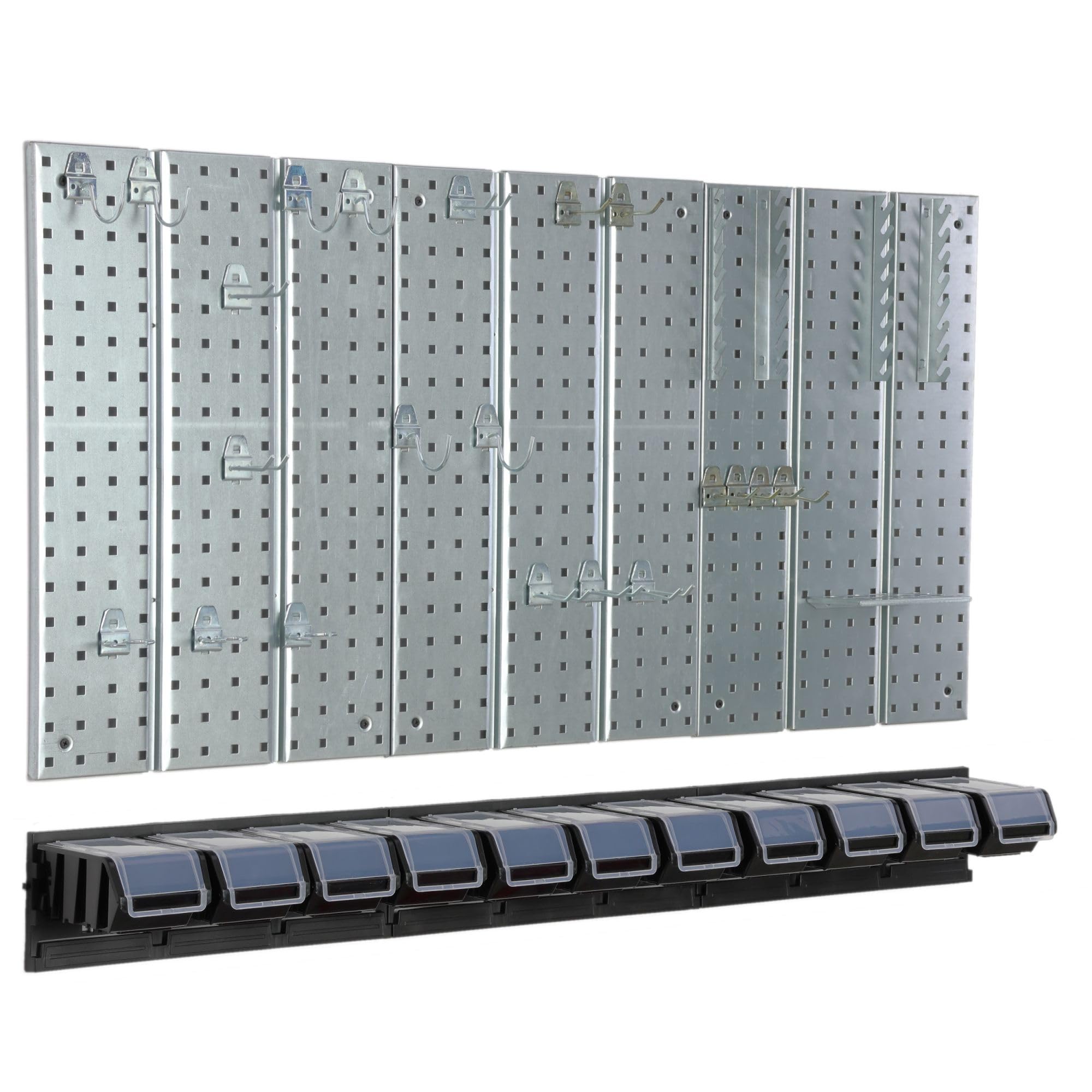 Panel de herramientas de metal 117 x 72 cm, sistema de almacenamiento con portaherramientas, ganchos para herramientas y 11 cajas apilables, 100 x 150 x 70 mm, color: negro, tablero perforado para