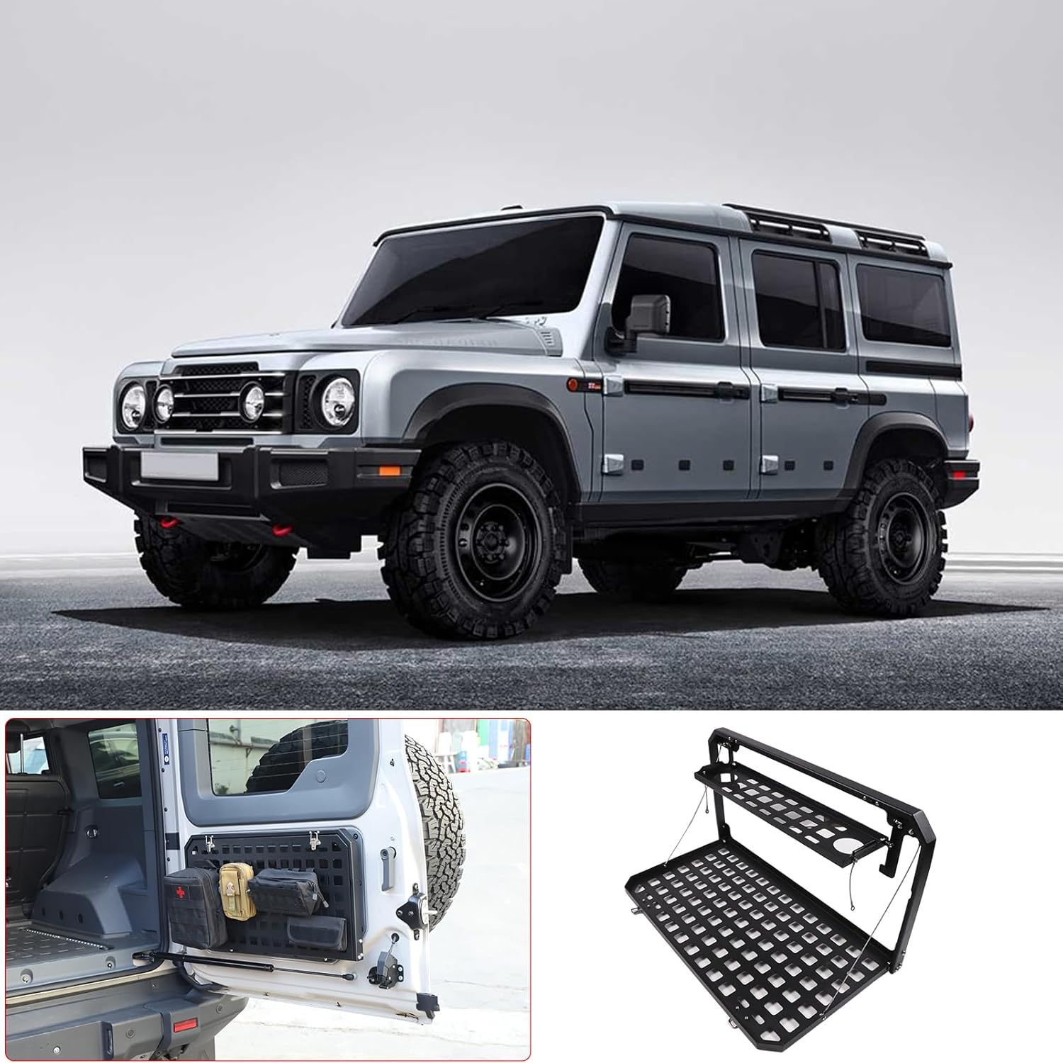 Tailgate Table Foldable Cargo Shelf Compatible with Ineos Grenadier 2020-2024, 2-Tier Aluminum Alloy Rear Tailgate Storage Modular Panel Luggage Holder Carrier Outdoor Camping Desk