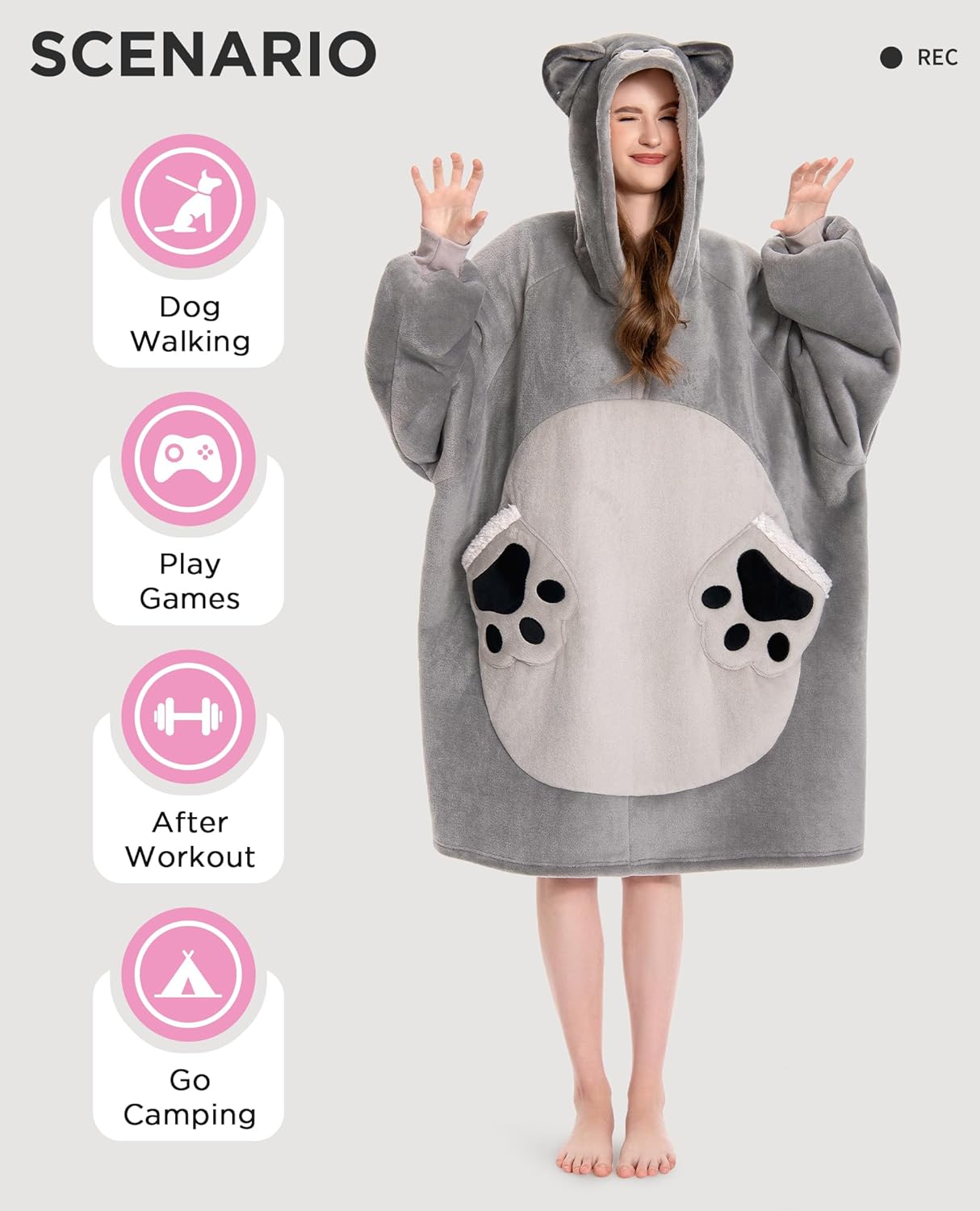 OLAOLA Wearable Blanket Hoodie for Adults - Oversized Animal Hooded Blanket - Soft Warm Cozy Sherpa Fleece Sweatshirt - Image 4