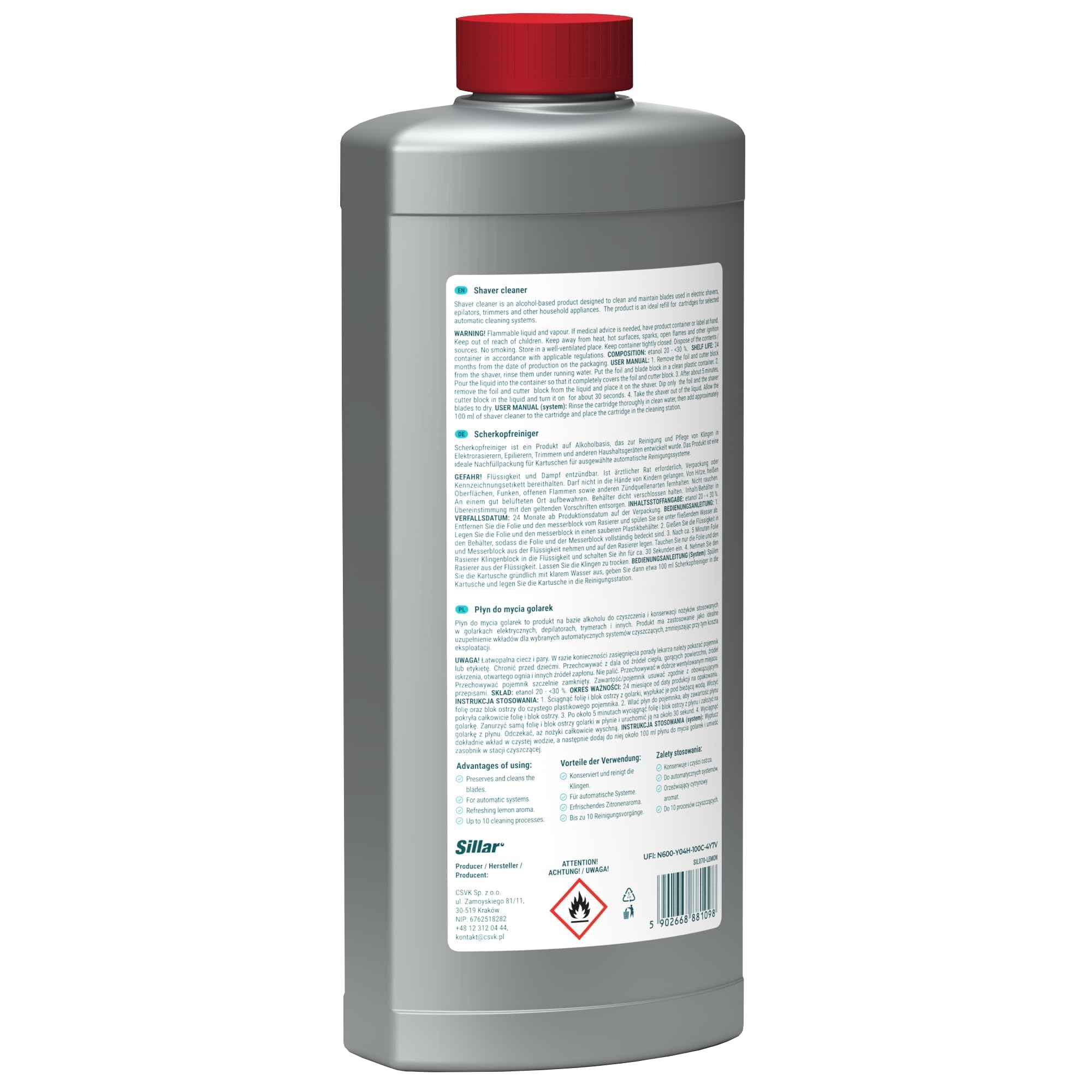 Sillar Líquido Limpiador Recargable para Cabezales de Afeitado 1 L - Limones - Compatible con Braun CCR Series 3, 5, 7, 9, Clean&Renew - Higiene y Eficacia - Pack de 2