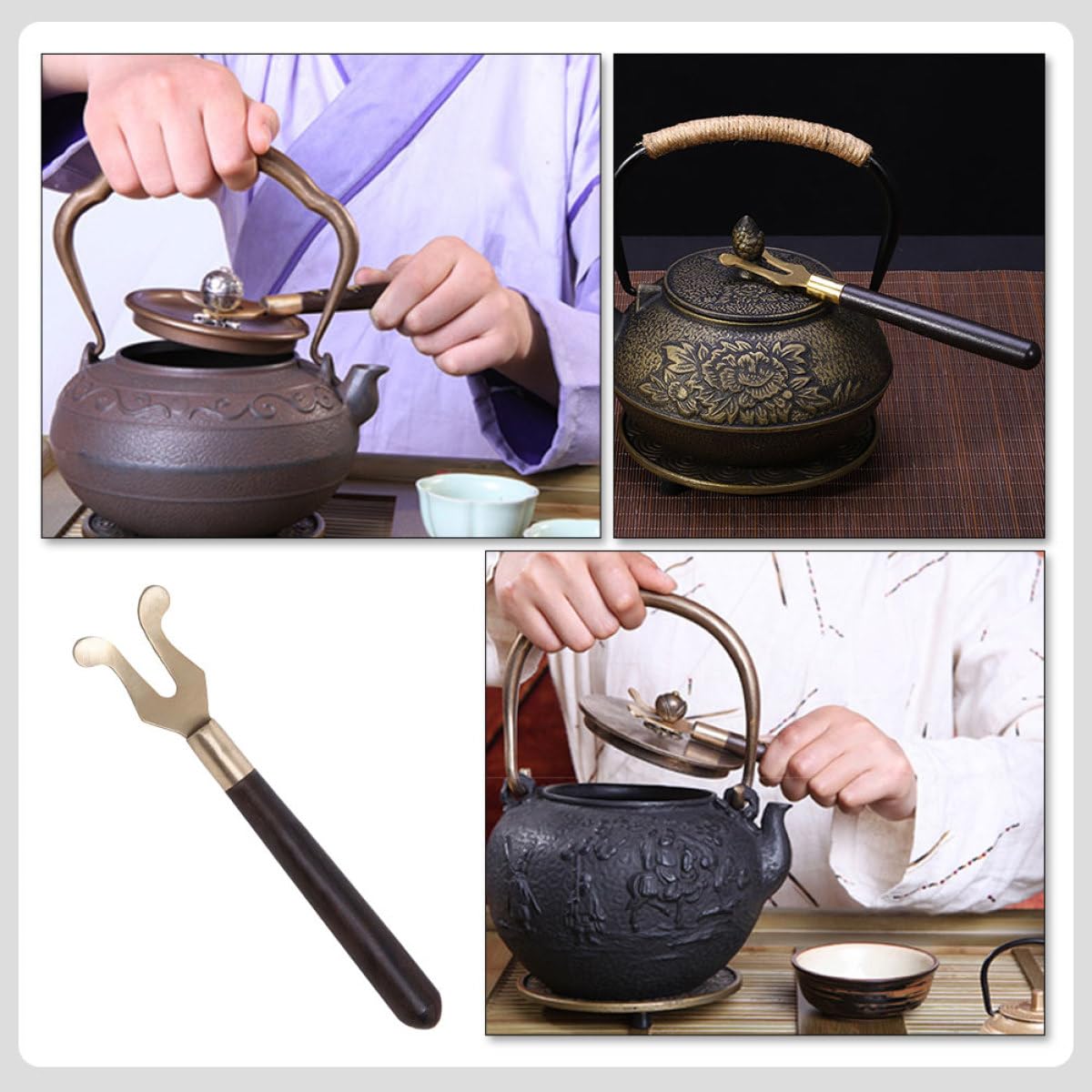 Milisten Clip Ligero y Práctico para Tapa de Tetera de Hierro Mango de Madera de Ébano para Servir Aperitivos y Ceremonia del Té en Familia o Amigos