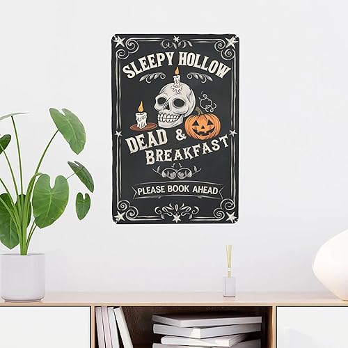 Miniatura 2 de Sleepy Hollow Inn - Letrero de metal de 8 x 12 pulgadas con texto en inglés "Dead & Breakfast", espeluznante decoración de pared gótica para