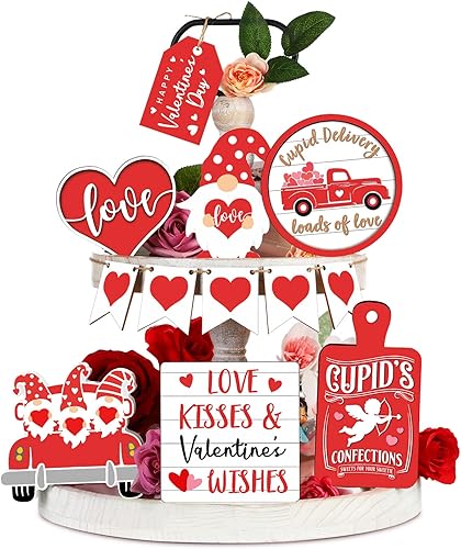12 piezas de decoración de bandeja escalonada roja para el día de San Valentín, decoración de mesa de San Valentín, letrero de madera, gnomo,