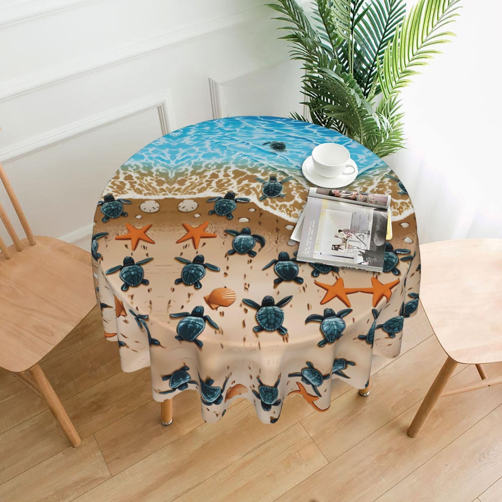 hhxvcv Turtle Crawling On The Beach Round Tablecloth – Dining Table Cover