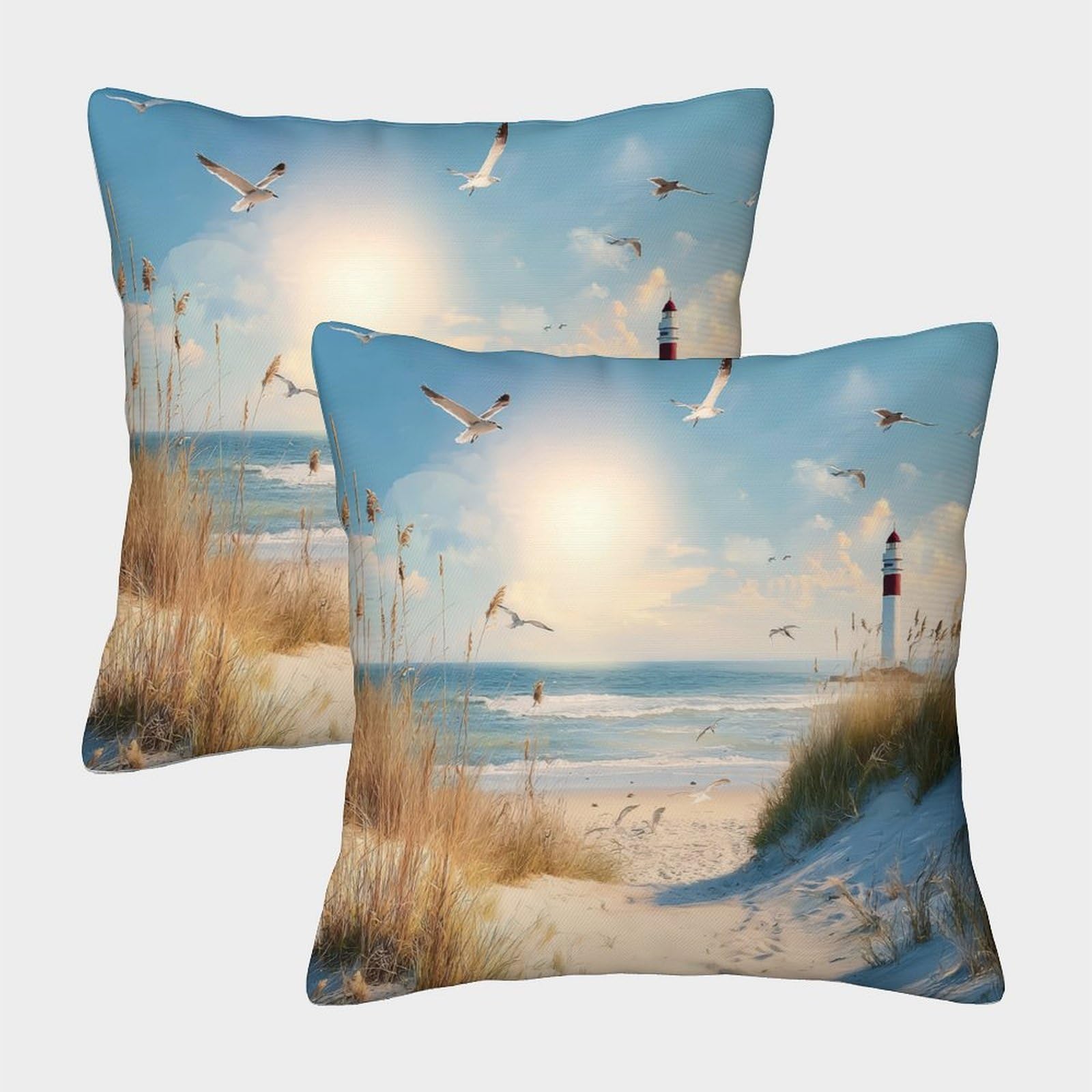 Beach Scene with Seagulls—Coastal Lighthouse Style Pillow Covers 2 Pack Cozy Pillowcases Art Cushion Case with Invisible Zipper Decorative for Couch Livingroom 45x45cm