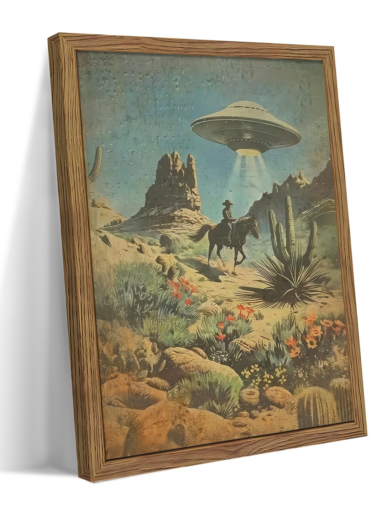 Framed Vintage Intergalactic Western Canvas Wall Art, Alien UFO Abducting Cowboy, Desert Cactus and Flowers Wall Decor, Retro Sci-Fi Poster for Living Room Bedroom – Dark Wooden Frame 30x40 cm