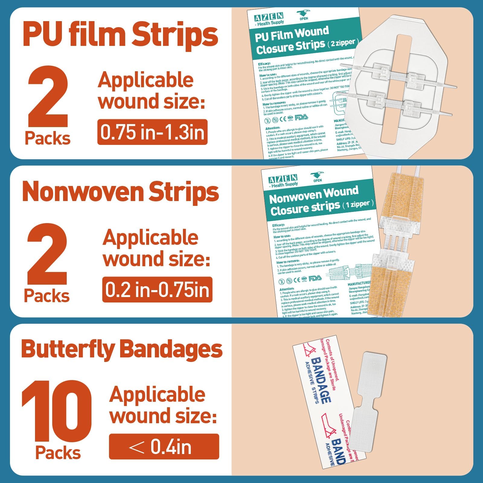 AZEN 14 Pack Emergency Wound Closure Strips, Butterfly Bandages, Emergency Laceration Closure Kit, Repair Wounds Without Stitches, Quick Clot Zip Stitch Wound Closures Device — Amazon image 2