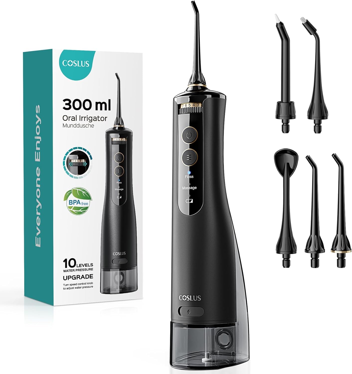 COSLUS Water Portable Flosser for Teeth: Electric Flosser for Braces, Sensitive Teeth, Gums - Advanced 10 Pressure Settings for Multiple Users, Cordless for Travel, MDL, BPA-Free, Black, E40(WFP14)