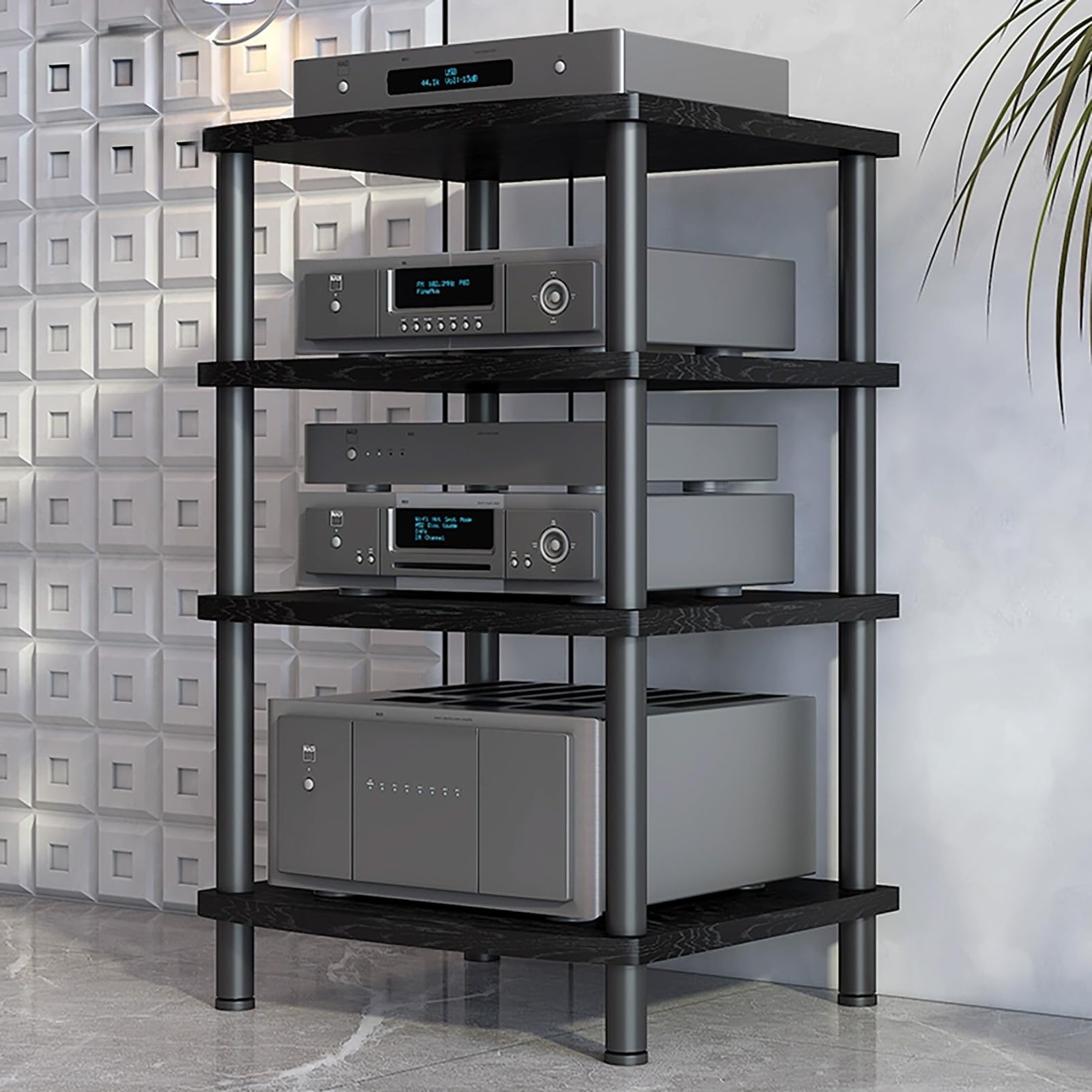 Modern AV Media Stand, 3-Tier Stereo Cabinet with Carbon Steel Frame, Wooden Storage for TV, DVD Players &amp; Accessories(Black,4 Tier 60x54x89CM)