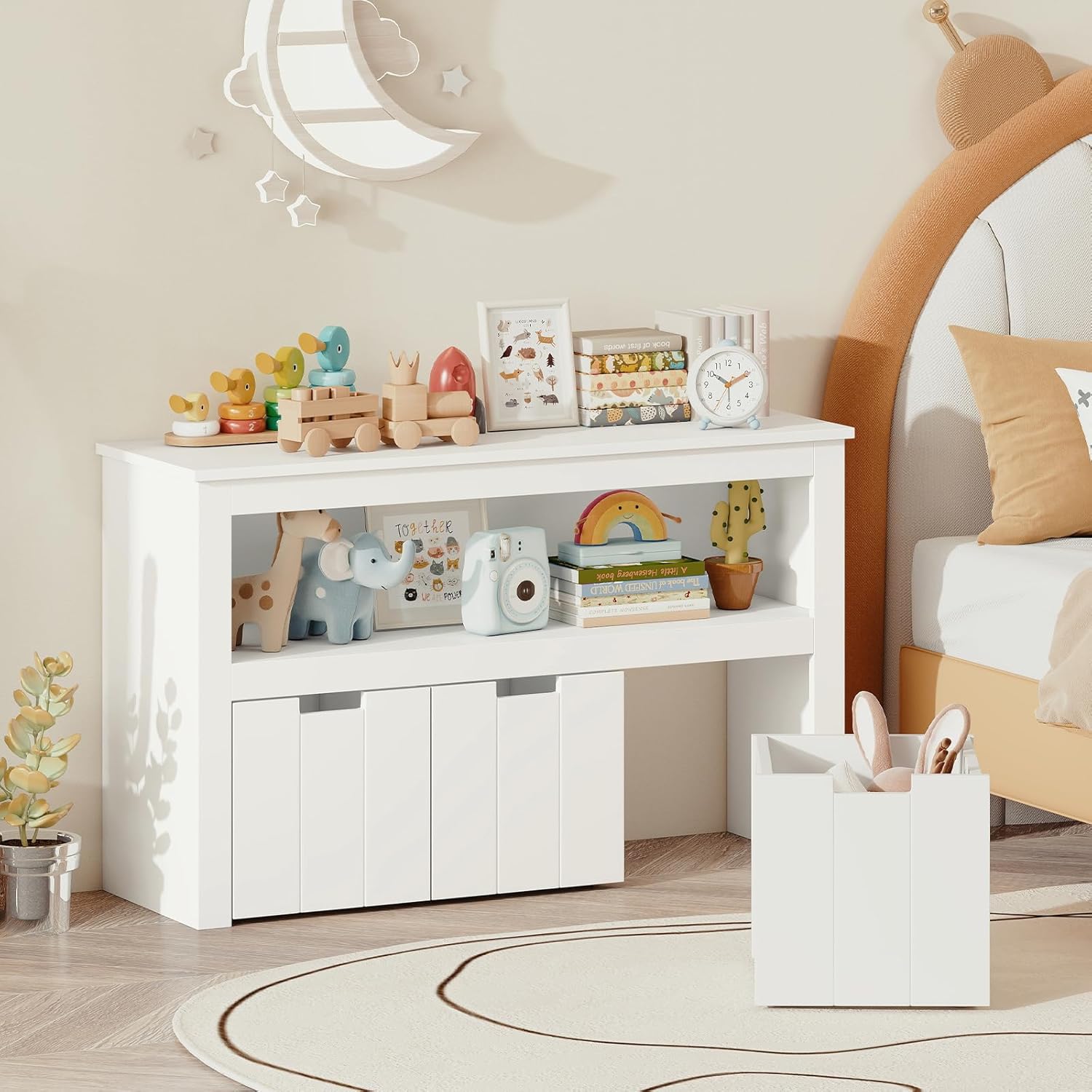 Costzon Toy Storage Organizer w/Drawers, Wooden Toy Shelf with 3 Removable Drawers, Rolling Wheels & Large Open Shelf, Toy Cupborad for Kids Room, Playroom, Kindergarten, Nursery (White)