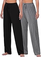 FEQO 2 Pack Women's Wide Leg Lounge Pants - Soft Viscose Yoga Pajama Bottoms with Adjustable Waistband, Black & Gray