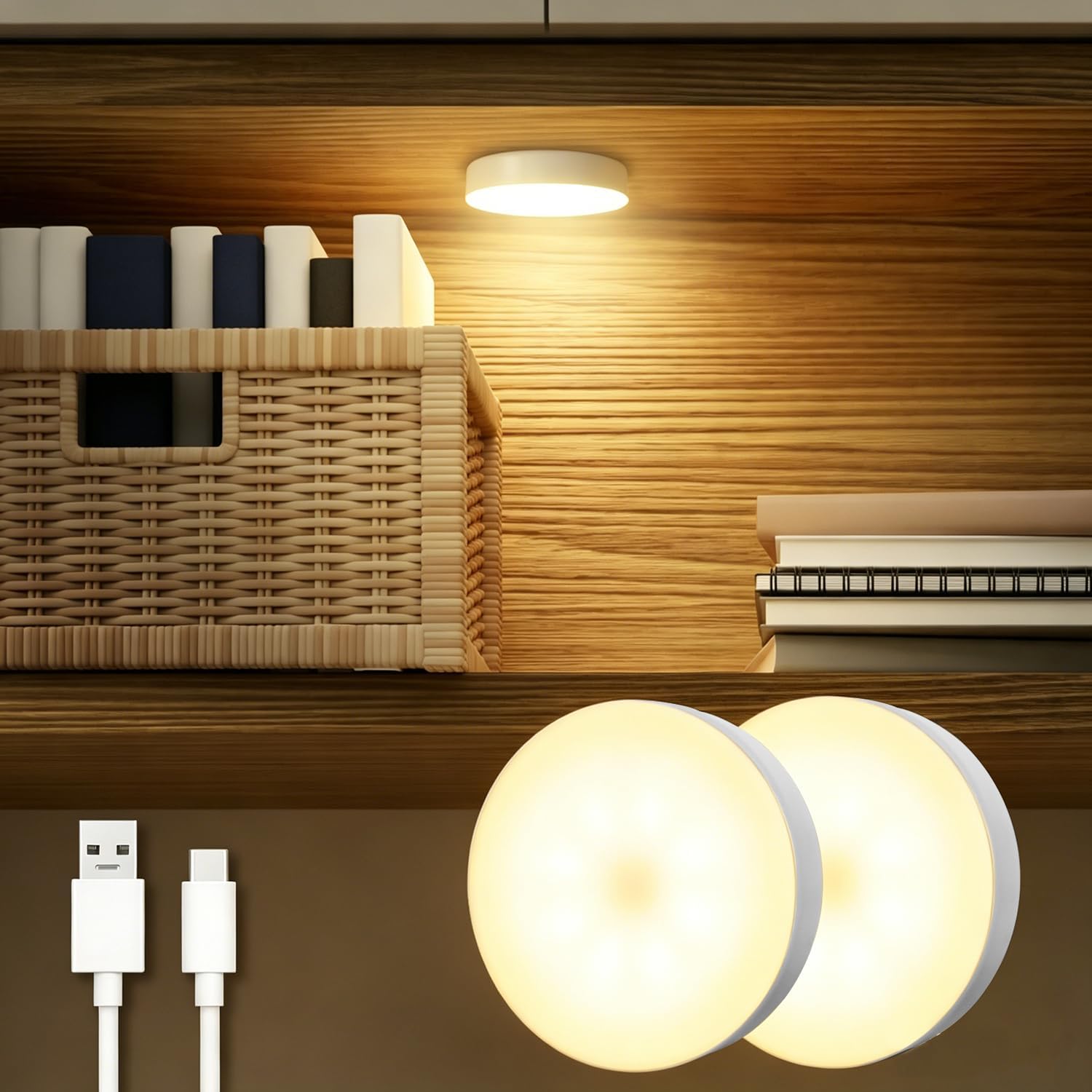 DAZZY DOT Rechargeable Puck Lights 2 Pack, Magnetic Tap Light 1000mAh Battery Powered, Warm Yellow, Dimmable Touch Light Stick on for Closet, Locker, Cabinet, Bedside, Kitchen