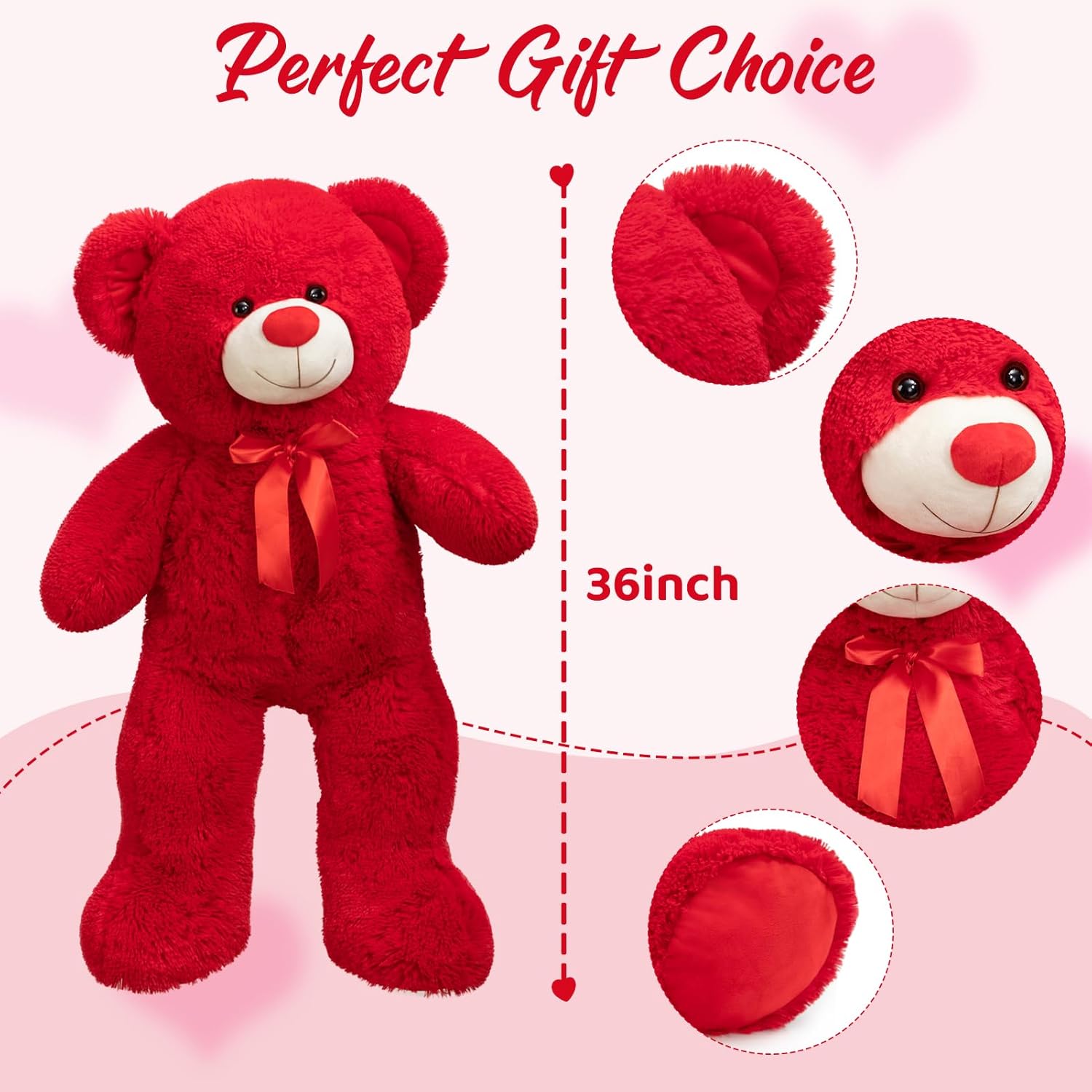 Big Teddy Bear Stuffed Animal Giant Teddy Bear Plush with Red Ribbon Bow Plush Toy Gift for Girlfriend Bride 36 inch Red