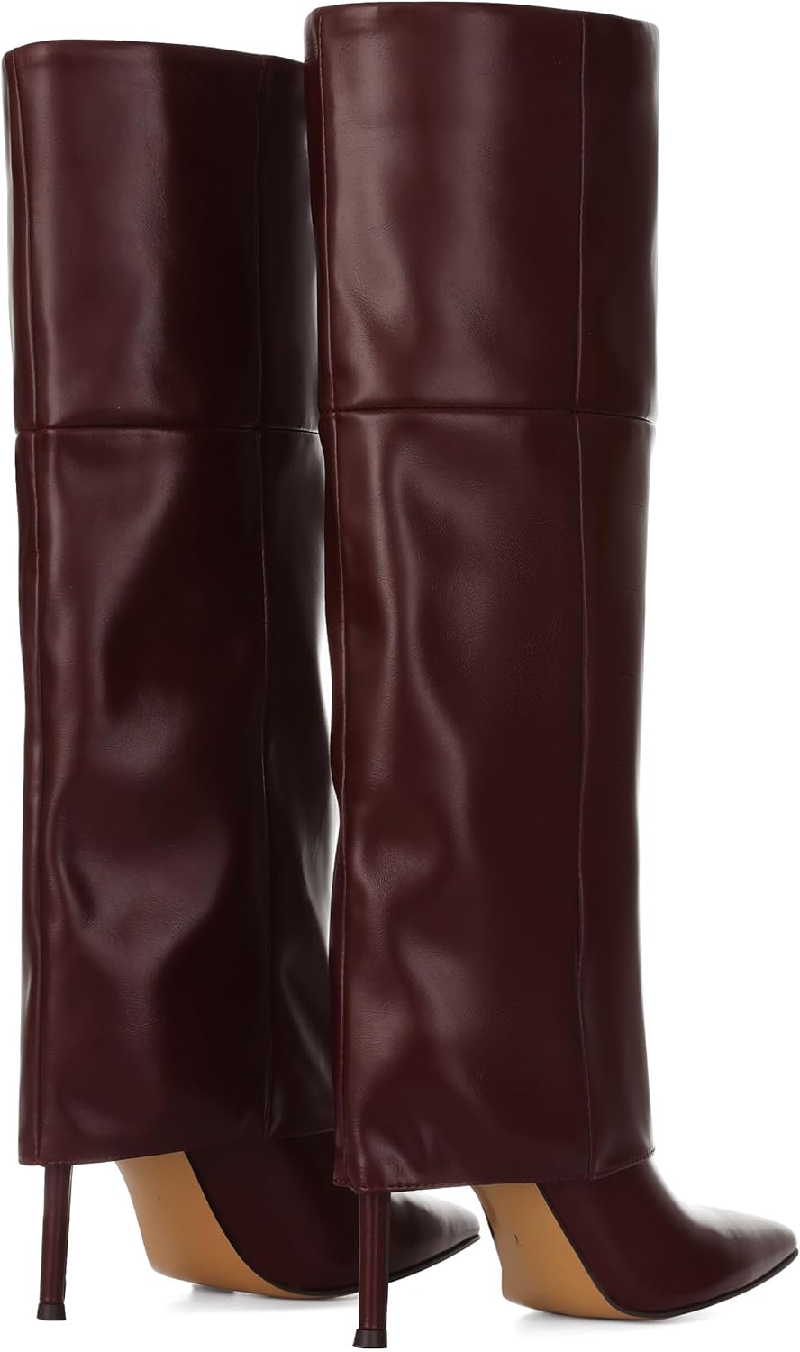 Oiamenne Women's Fold Over Boots Knee High Boots for Women Pointed Toe Stiletto Heel Long Boots Sexy Tall Boots Slip On Fall Winter boots - Image 4