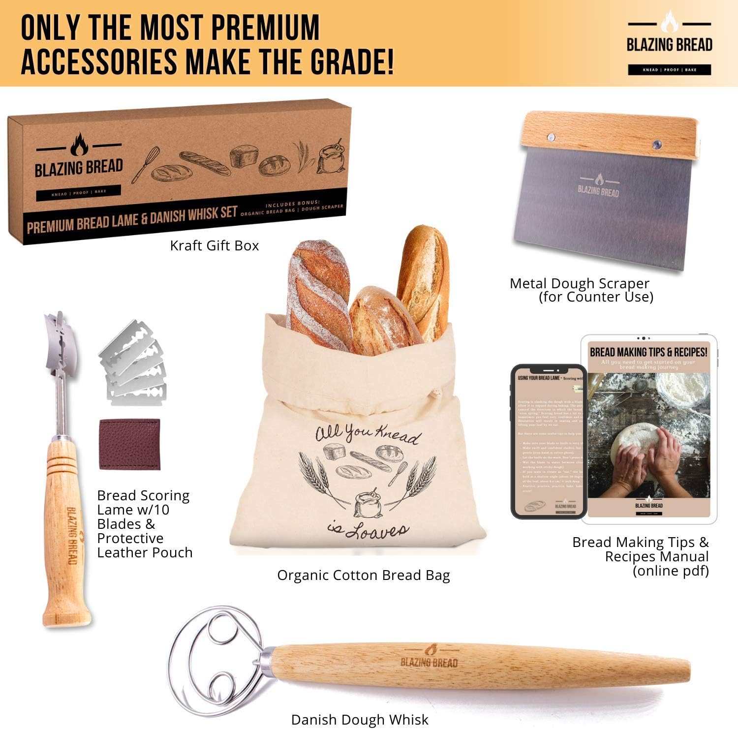 Premium Bread Lame And Danish Dough Whisk Set With Replacement Blades, Dough Scraper And Cotton Bread Bag - Bread Making Tools Gift For Home Artisan Bread Bakers