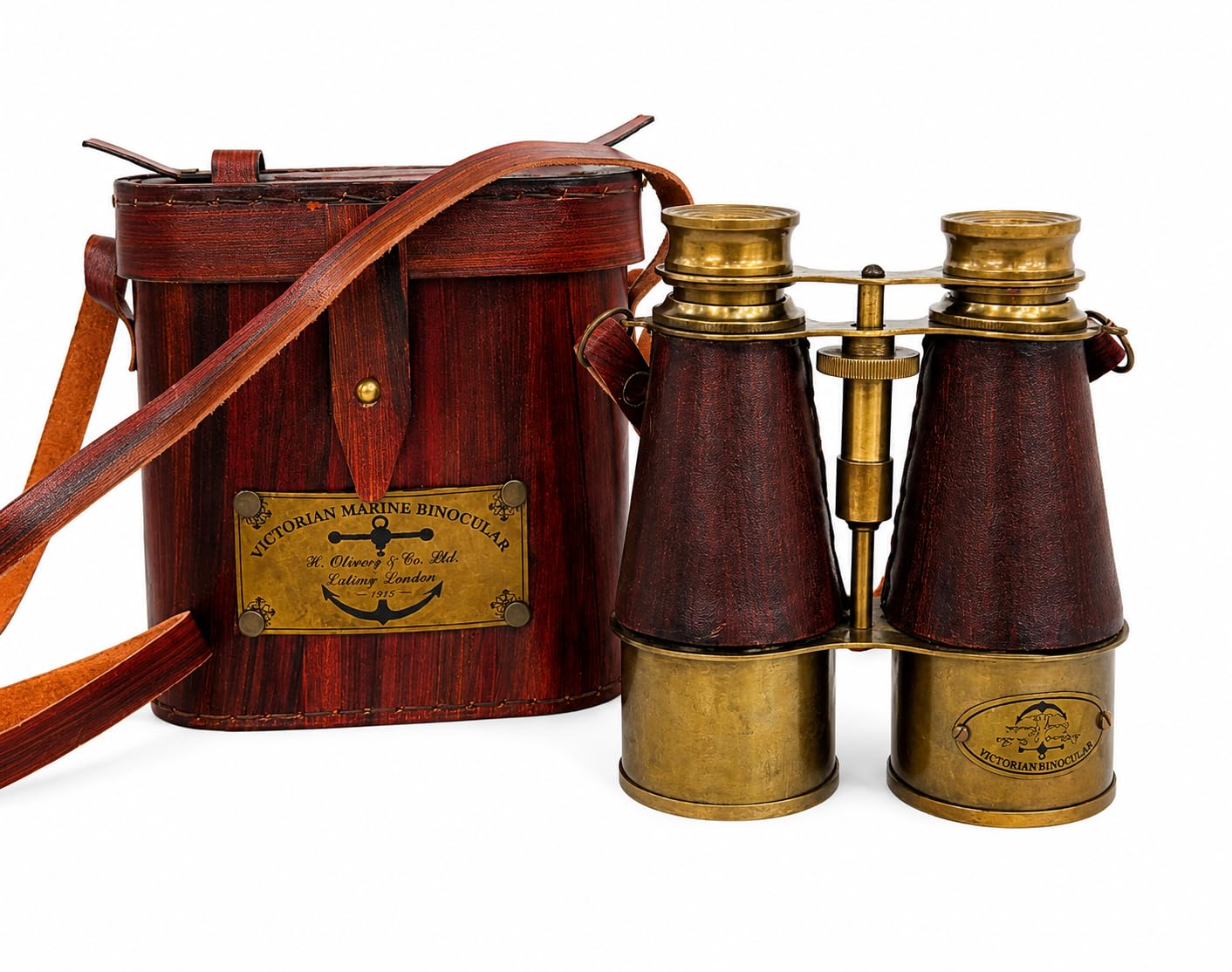 Binocolo nautico vintage in ottone, fatto a mano, con custodia in pelle