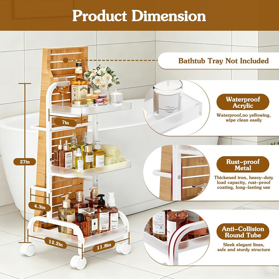 Bathroom Cart with Bathtub Tray Holder, Bathroom Organizers and Storage, Small Slim Shelf Organizer with Bath Tub Caddy Rack, 3 Tier Narrow Skinny Acrylic Rolling Cart for Laundry Room Living Room - image 3