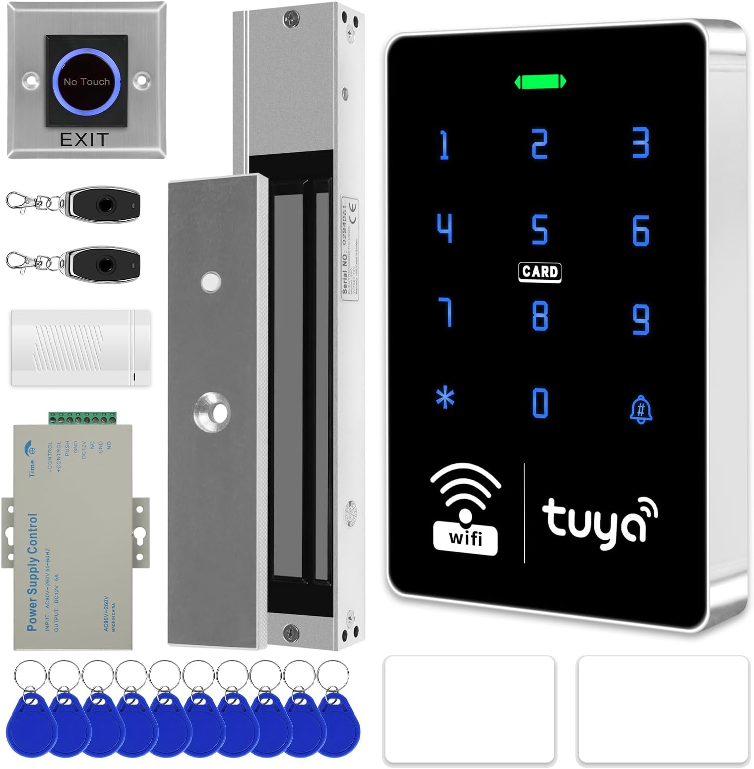 WiFi TUYA Security Access System Kit with Waterproof RFID Touch Keypad Door Lock, Smart Remote Door Opener, App, 600-pound Electric Magnetic Lock, Metal Sensor Switch, Doorbell, Keychain/Card