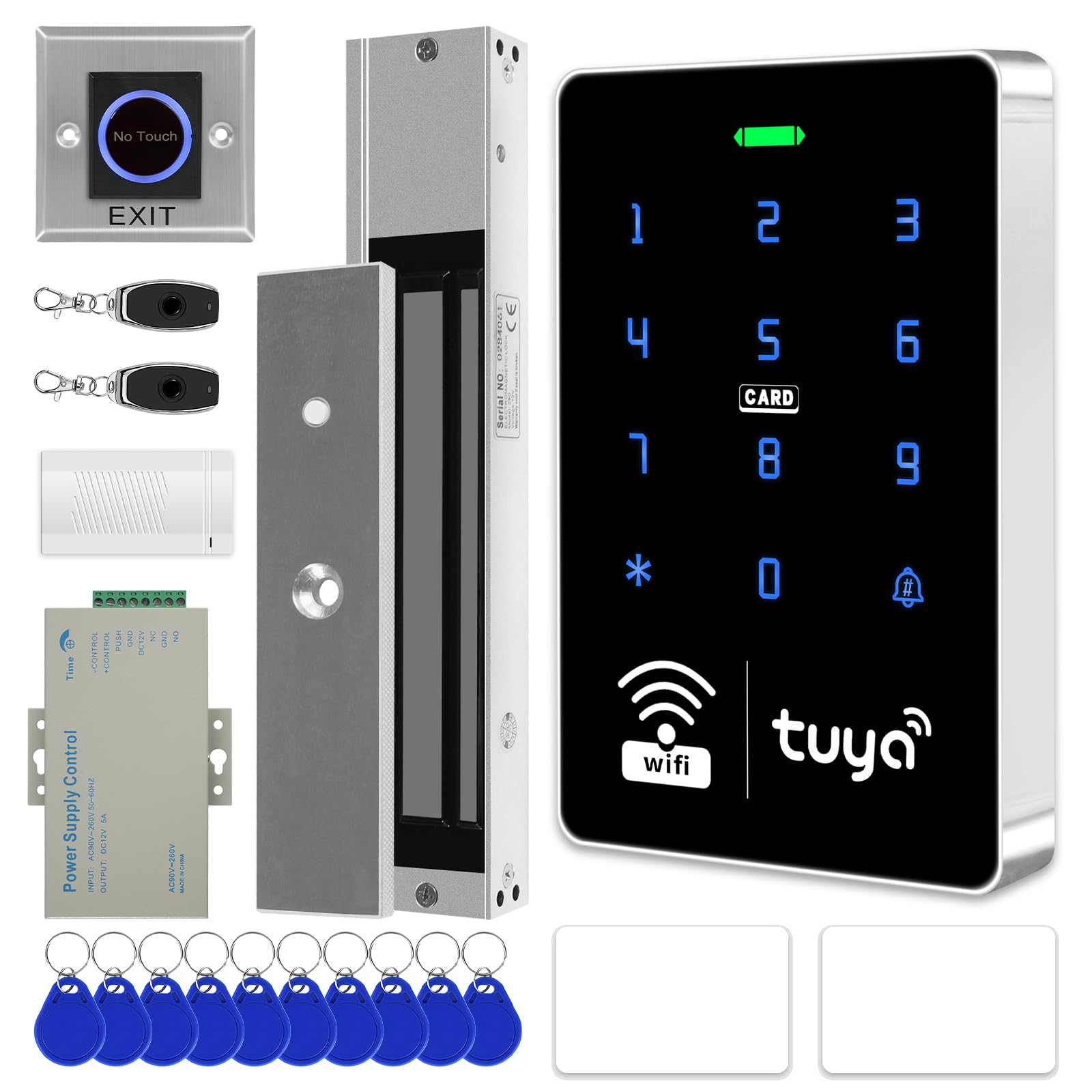WiFi TUYA Security Access System Kit with Waterproof RFID Touch Keypad Door Lock, Smart Remote Door Opener, App, 600-pound Electric Magnetic Lock, Metal Sensor Switch, Doorbell, Keychain/Card