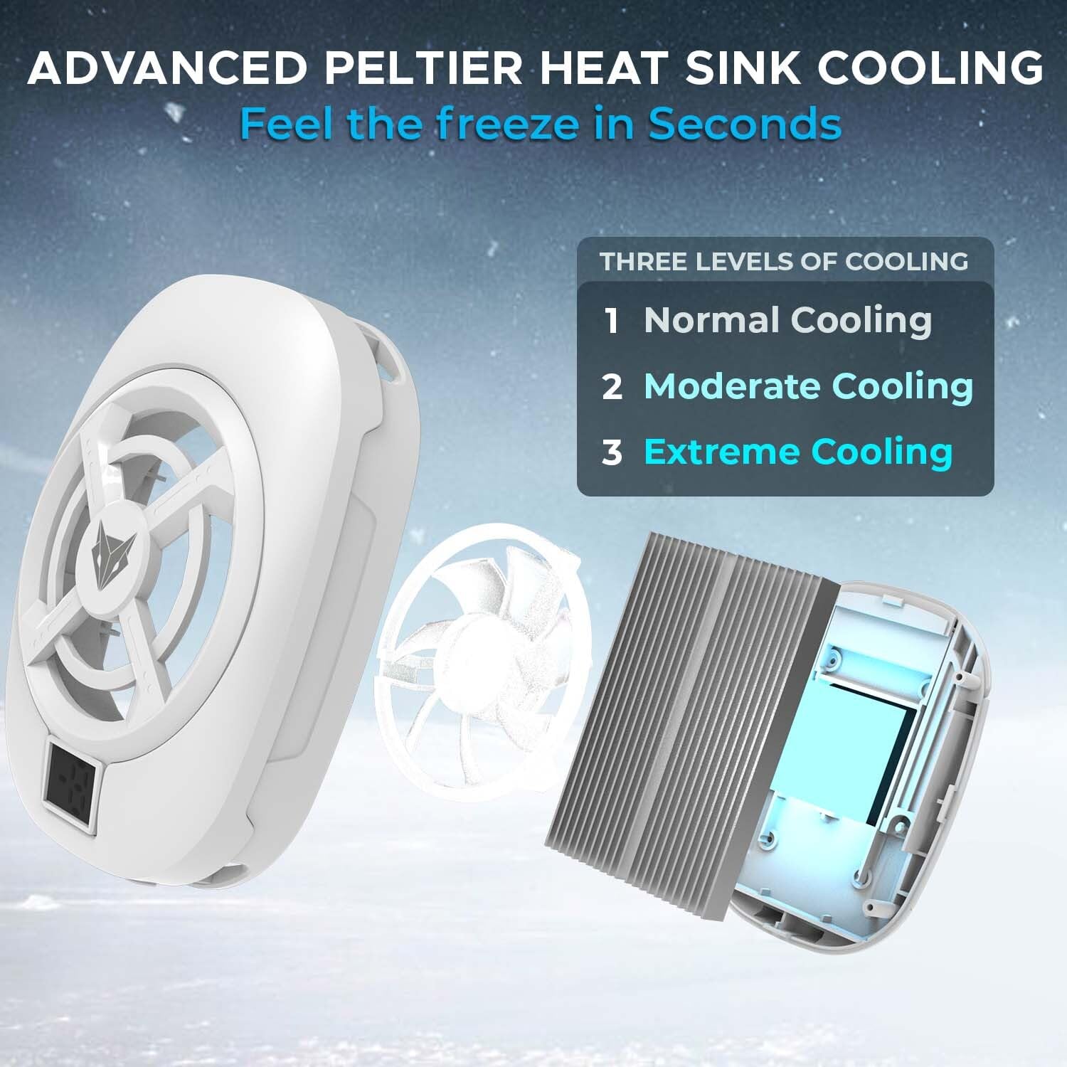 EvoFox Hailstone S Phone Cooler for Gaming | 15W 3 Level Cooling | 5000 RPM 7-Blade| Clamp Mount | RGB | Semiconductor Tech | Type-C Powered & Display | Compatible for Android and iPhones (White) — Amazon image 3
