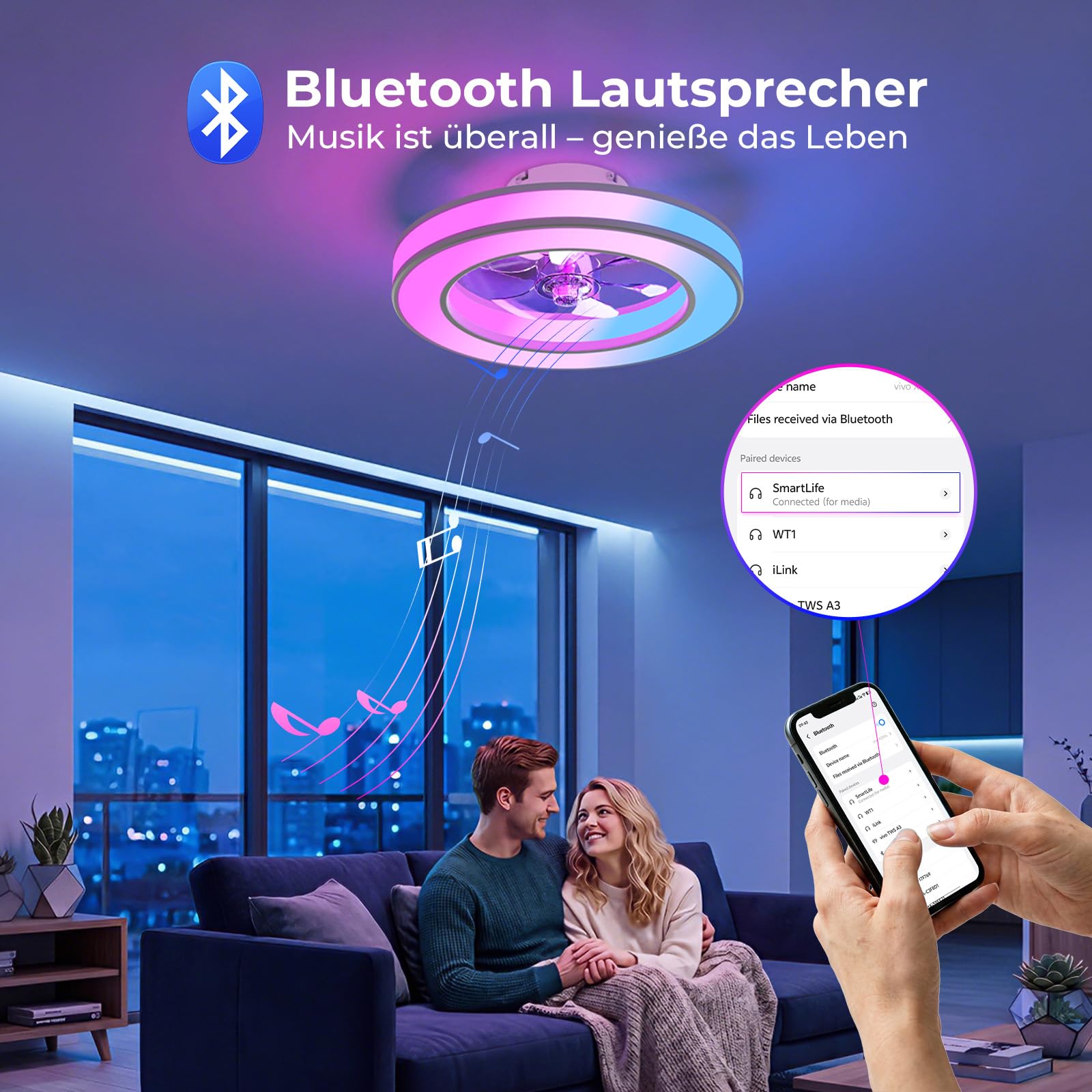 Peasur Leiser Deckenventilator mit Beleuchtung RGBAI, Smart APP Deckenleuchte mit Ventilator Fernbedienung, 6 Windstufen, Sommer/Winter Funktion, für Schlafzimmer Wohnzimmer, Ø40CM