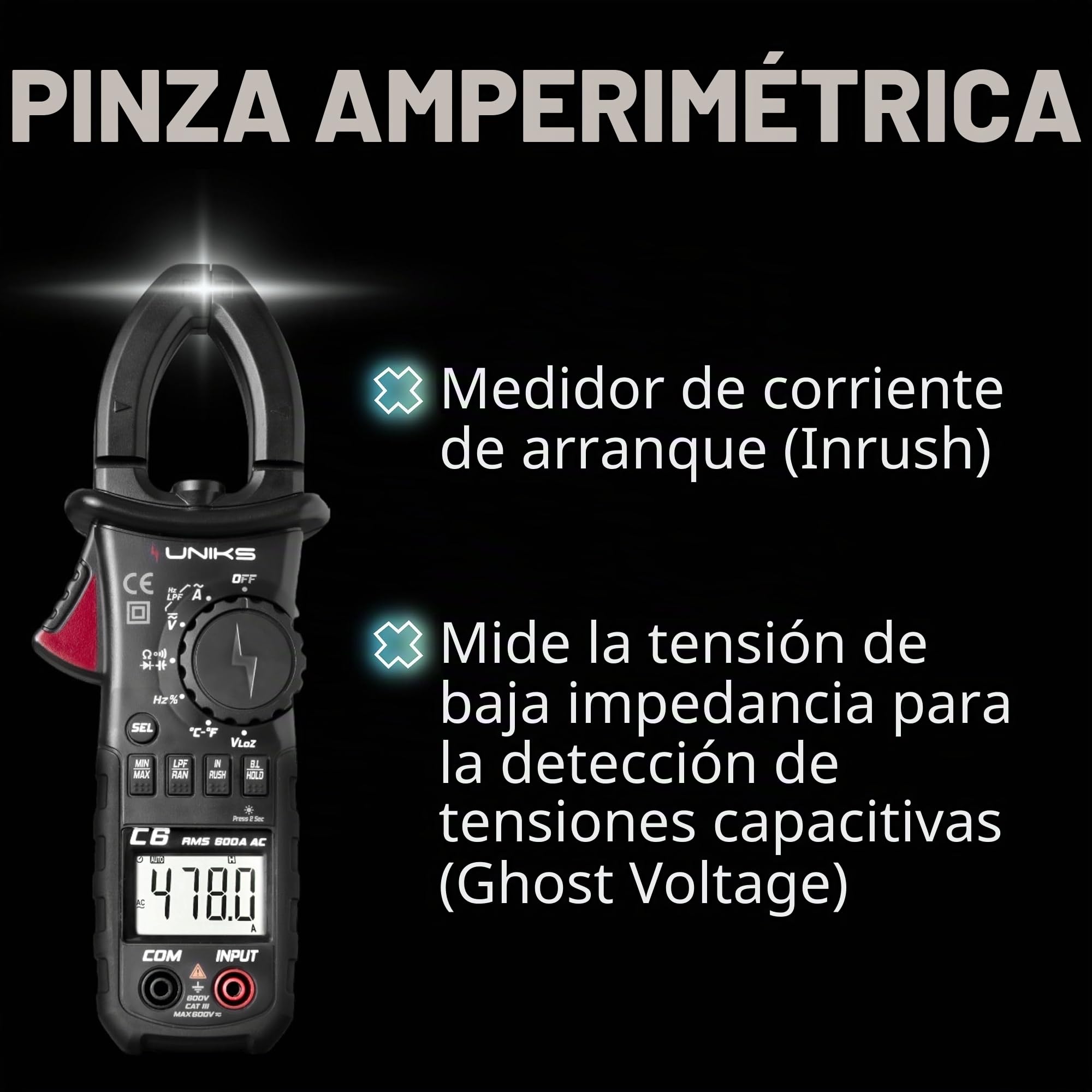UNIKS - Pinza amperimétrica profesional digital TRMS C6 - Comprobador digital profesional 600 A - Medidor de corriente AC-DC Pantalla LCD y luz LED - Amperómetro ideal para fotovoltaica