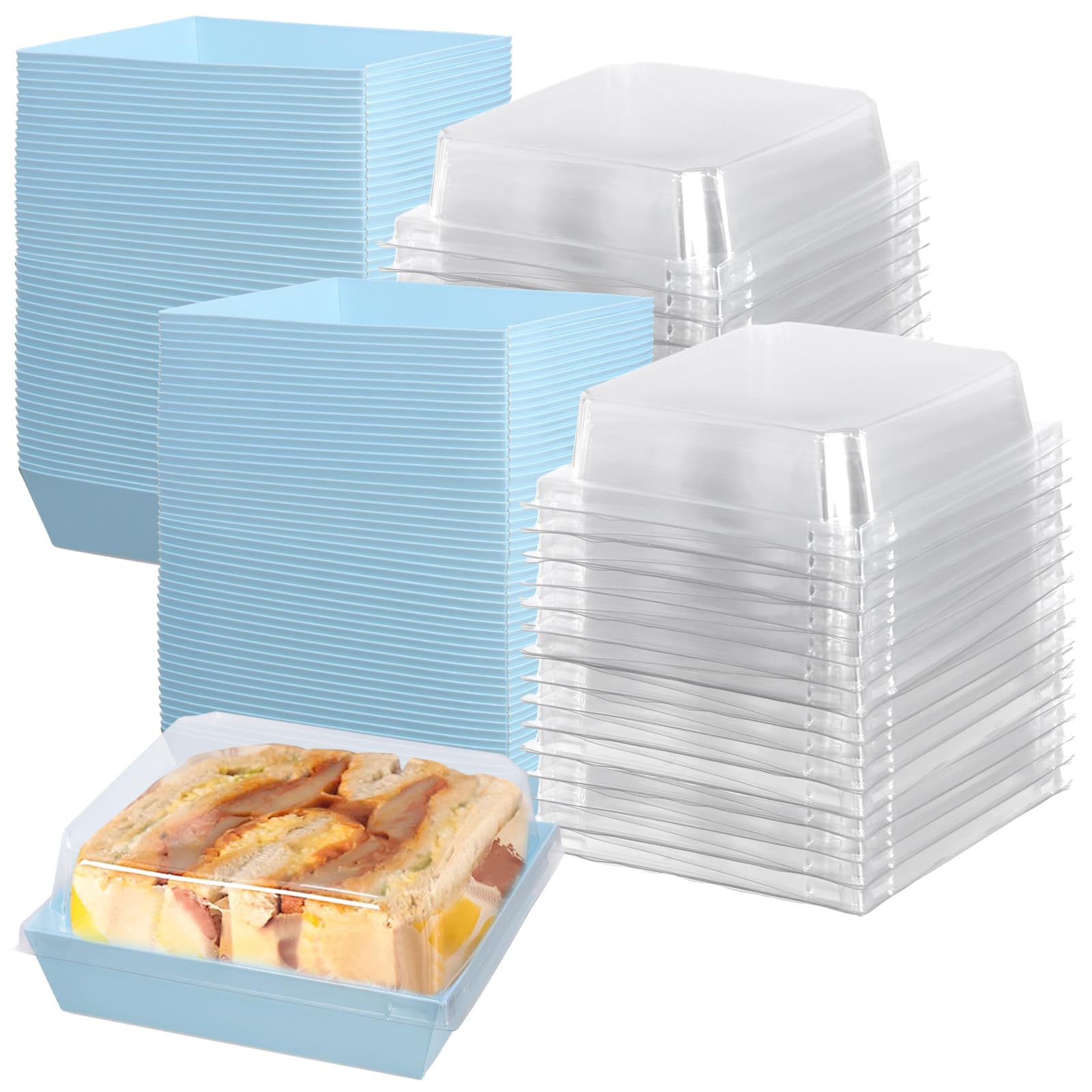 UNGFEI 100 PCS 11 x 12cm Cake Slice Box with Clear Lids, Plastic Charcuterie Box, Individual Square Cake Slice Boxes for Bakery, Sandwich, Cookies, Blue