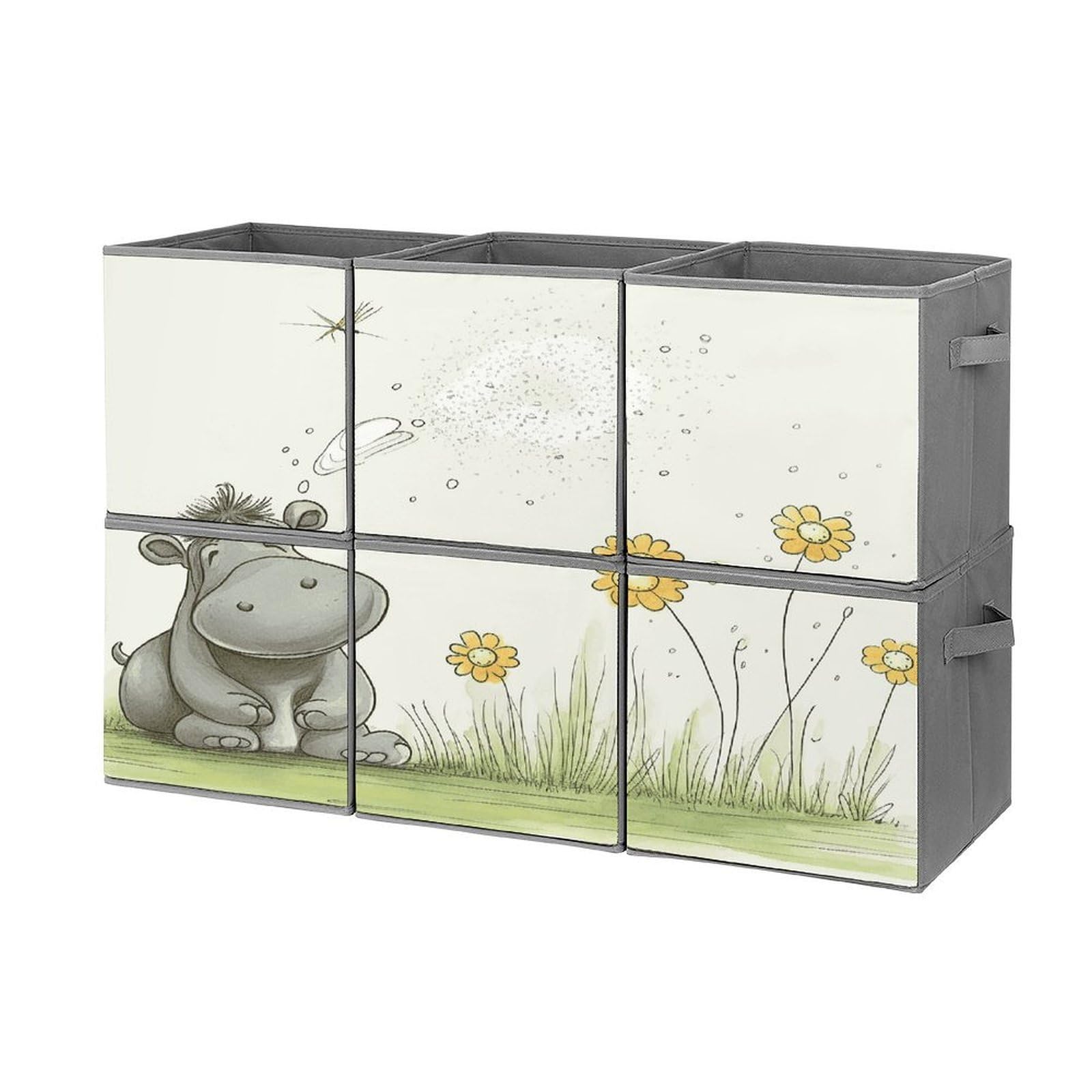 Btcowzrv Style Hippo And Dandelion Storage Cubes, 6 Pack Oxford Fabric Foldable Collapsible Bins With Handles, Cubby Storage Baskets Boxes For Closet Shelves Office Organization