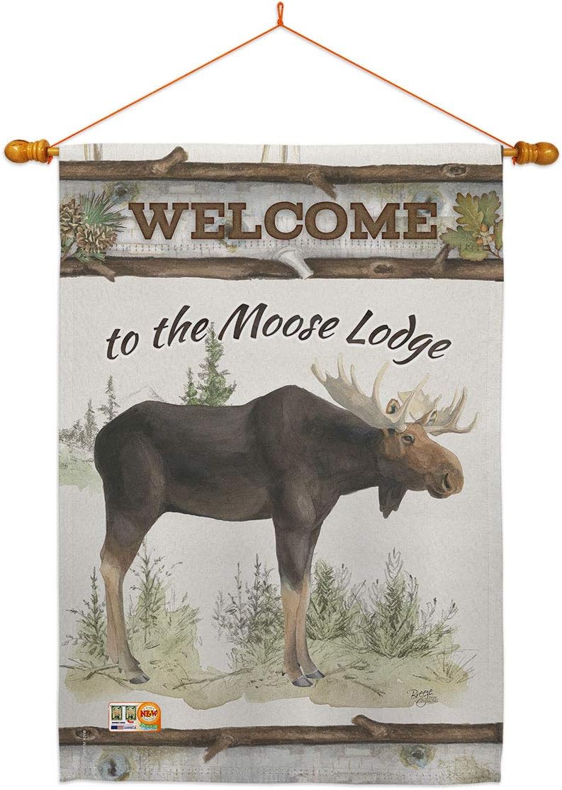 The Moose Lodge House Flag Dowel Set Outdoor Rustic Lake Cabin Wildlife Adventure Forest Small Decorative Gift Yard Banner Made In USA 28 X 40