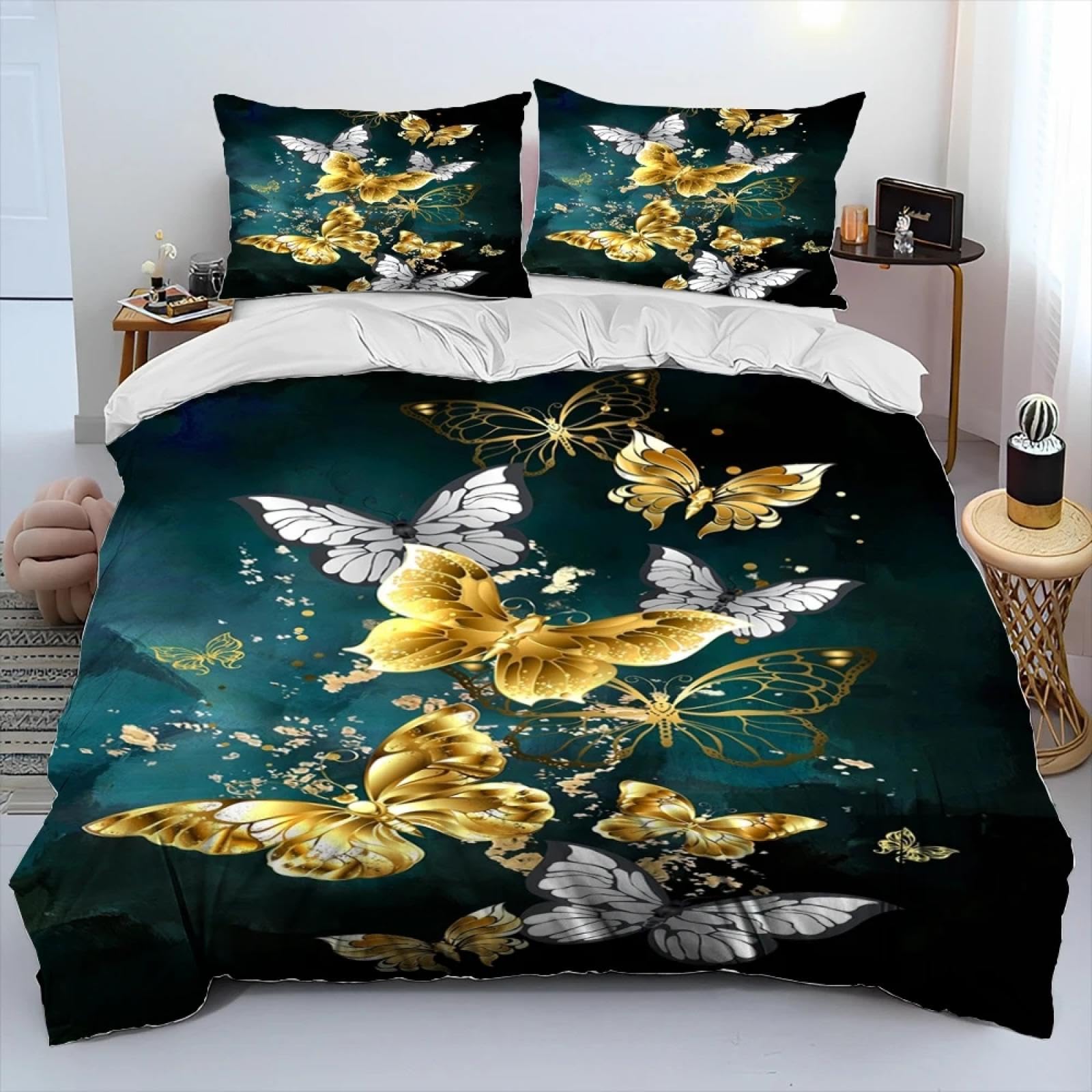 Luksusowy złoty motyl kwiat zestaw pościeli poszewka na kołdrę poszewka na poduszkę king queen size sypialnia dekoracja 200 x 220 cm /80 x 80 cm x 2
