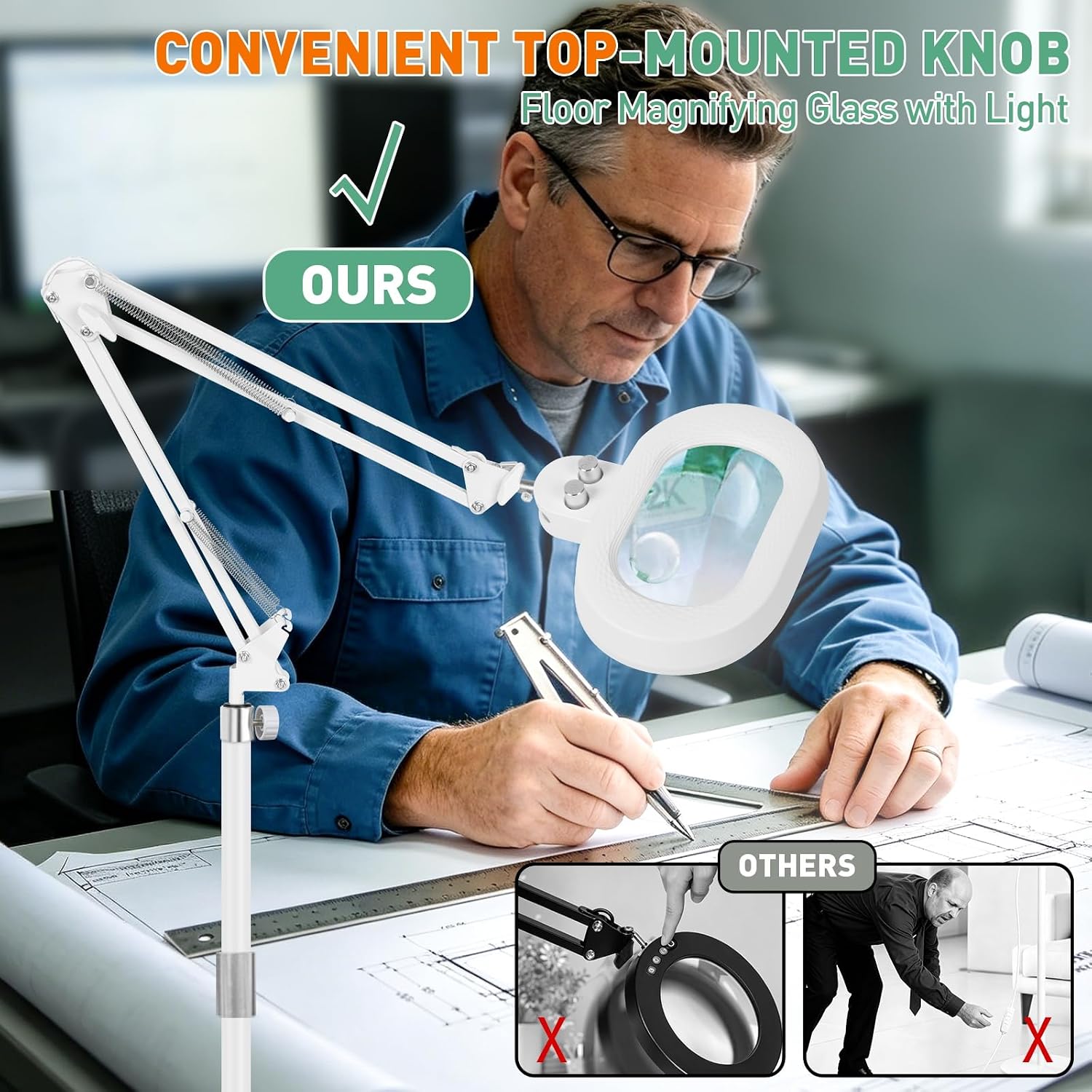 30X 12X Floor Magnifying Glass with Light, Three-axis Rotation Lighted Magnifier lamp for Workbench, Craft, Sewing, Reading, Repair, 2 in 1 Infinite Color Dimmable, 4 Wheel Stand Base-White