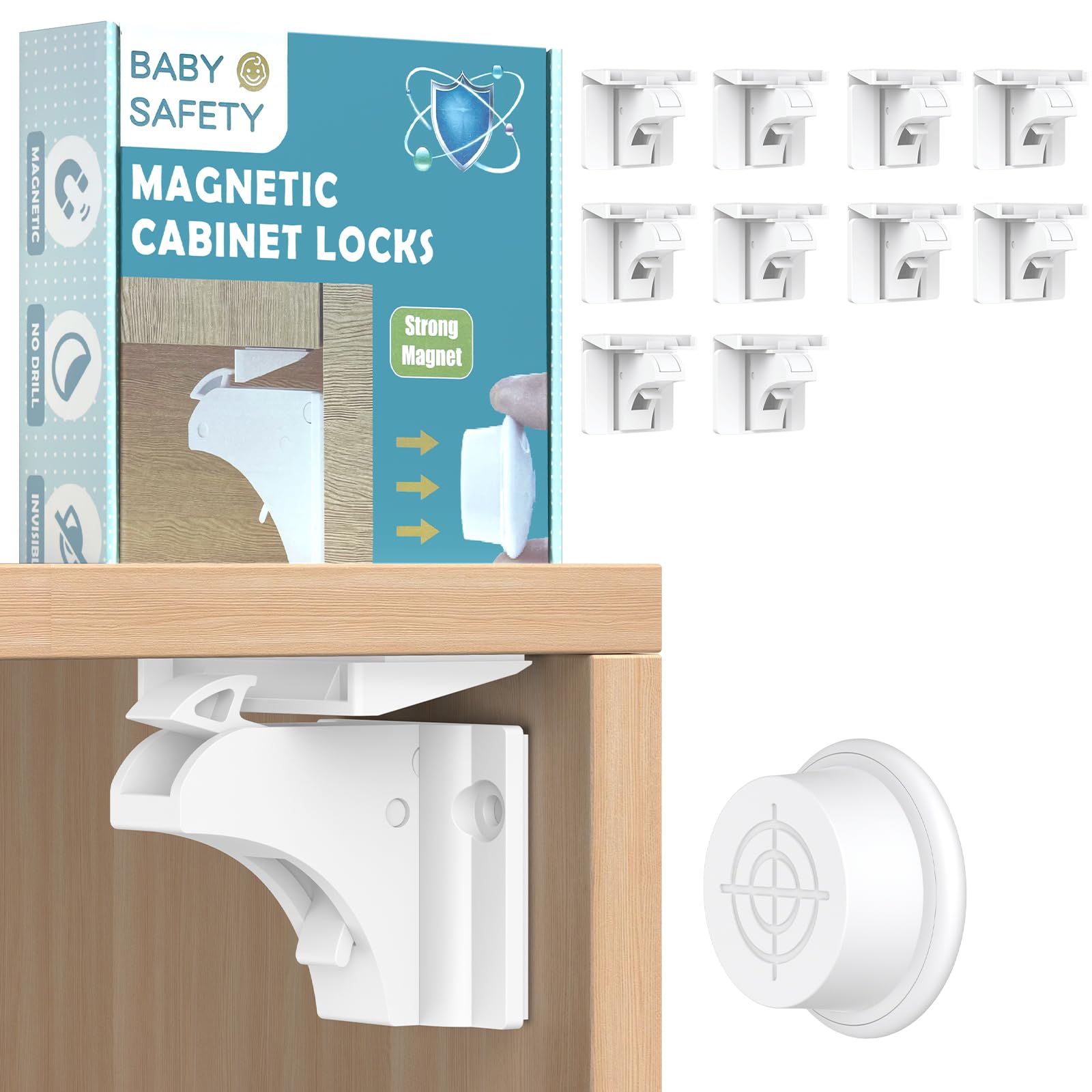 Dioxide Blocca Cassetti per Bambini，Chiudi Cassetti Bambini，Chiusura Cassetti per Bambini (10 Serrature + 2 Chiavi) Blocca Sportelli per Bambini per Armadi, Porte e Cassetti (Bianco)