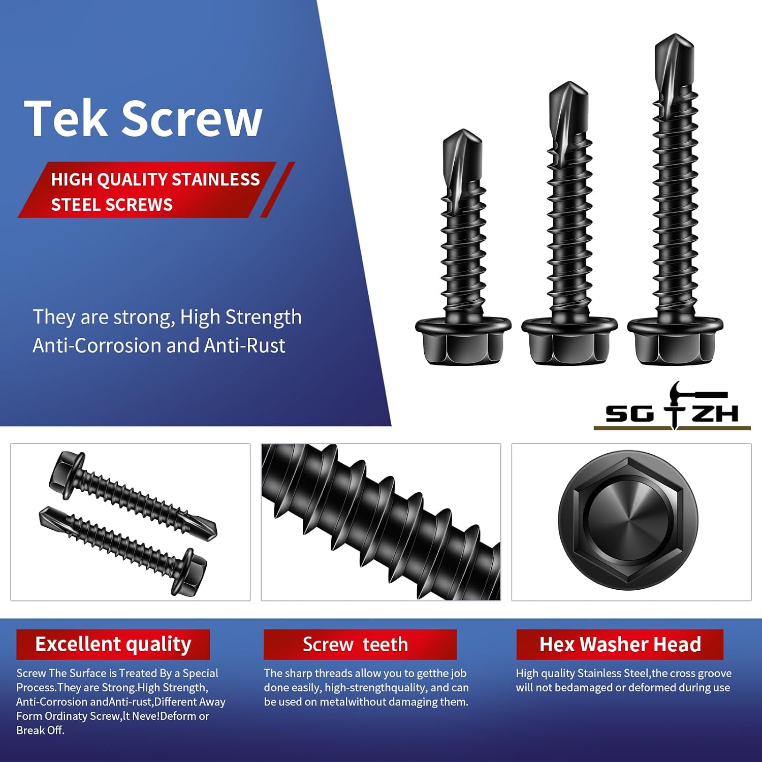 #8 x 3/4" Self Drilling Screws (215Pcs) Hex Washer Head 410 Stainless Steel Self Tapping Screws for Metal Sheet Metal Screws Black Oxide with Hex Socket Included