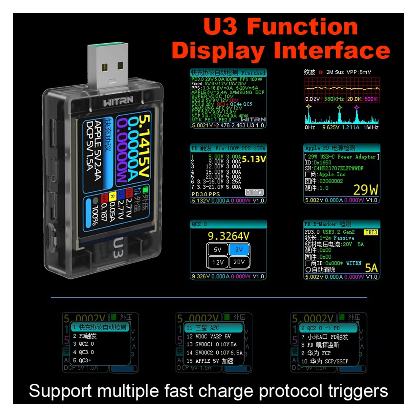 Woltomierz USB Usb. Tester Aktualny miernik napięcia Qc5 pd3.0 2,0 pps Szybka pojemność protokołu ładującego Pd. Spectrum falowania monitora Multi testery Woltomierz Pojemność baterii Volt Amme