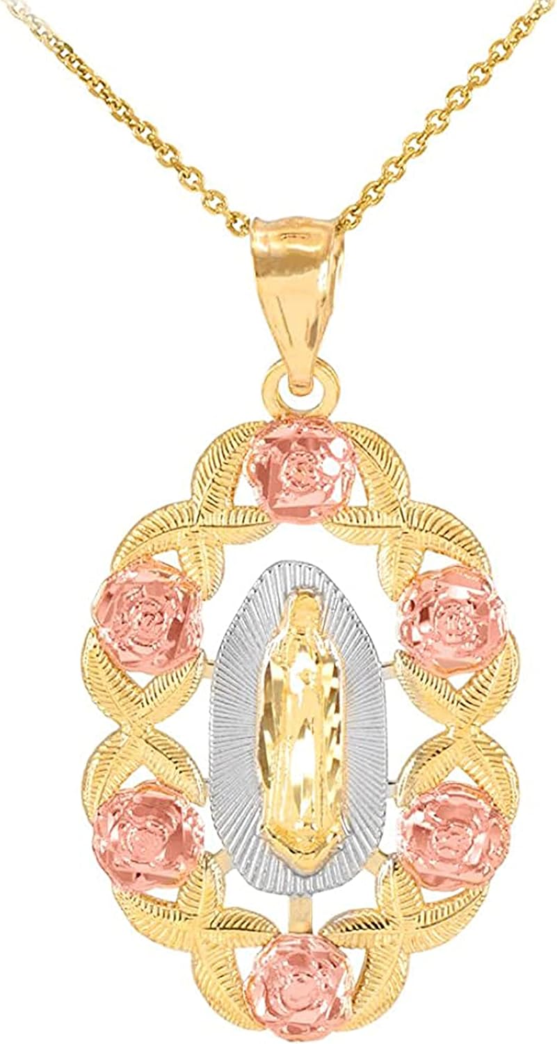 14K Tri-Color Gold Our Lady of Guadalupe Miraculous Immaculate Conception Catholic Scalloped Oval Pendant Necklace - Choice of Length